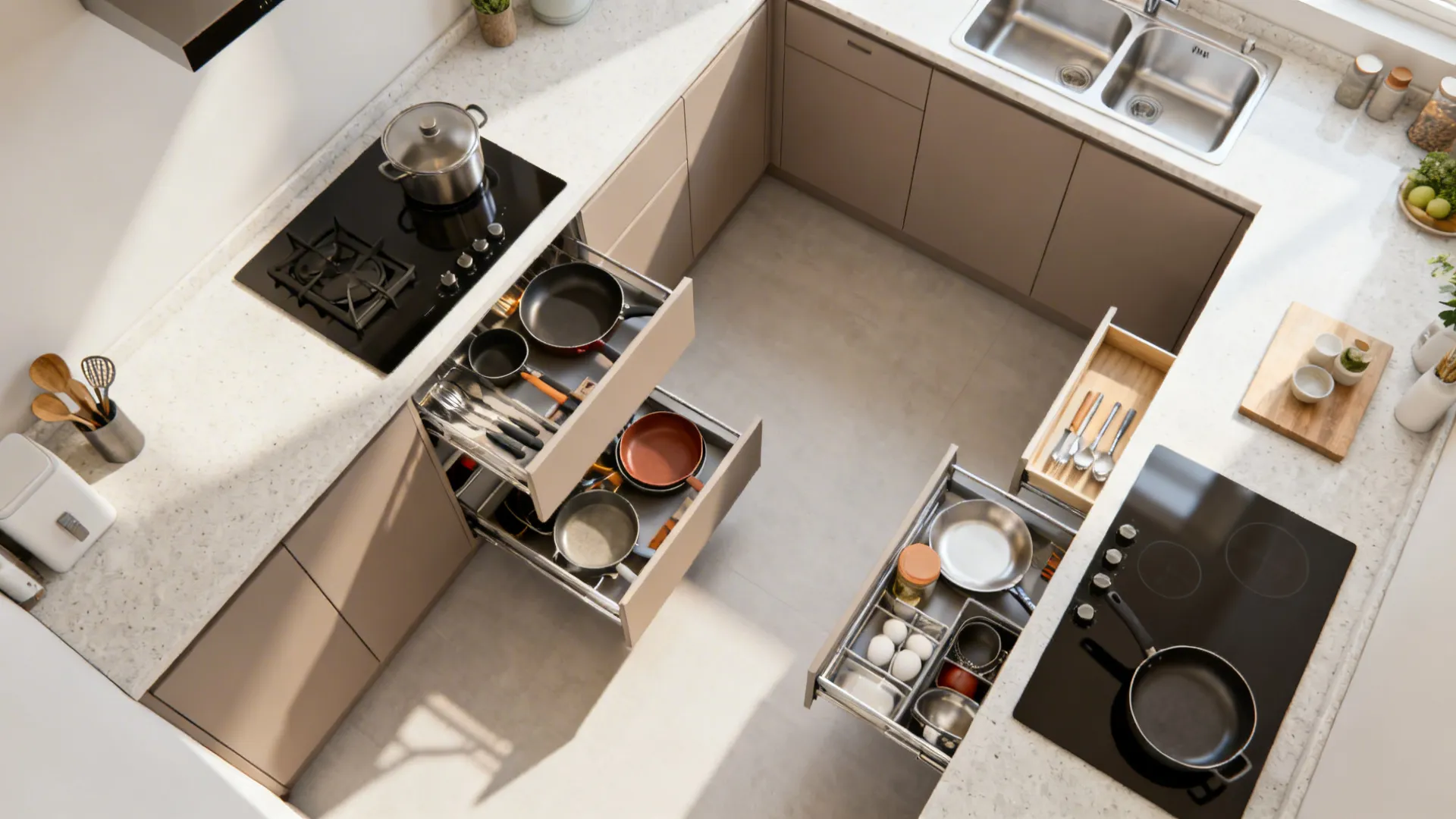 Top-down view of an L-shaped small kitchen with open deep drawers and corner tray illustrating clear work zones.