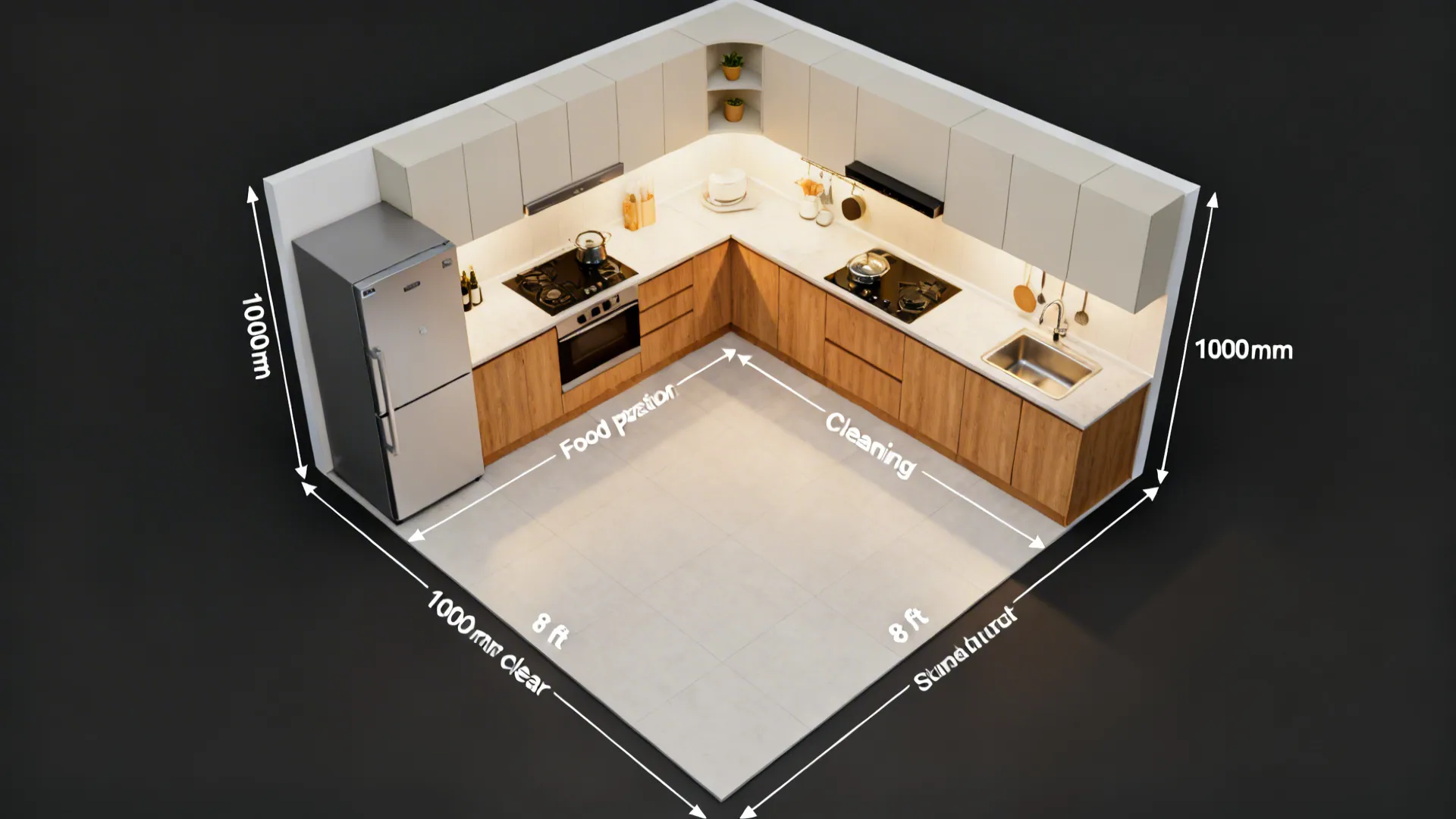 Top-down view of an L-shaped kitchen plan showing zones, corner storage, and clear aisles.