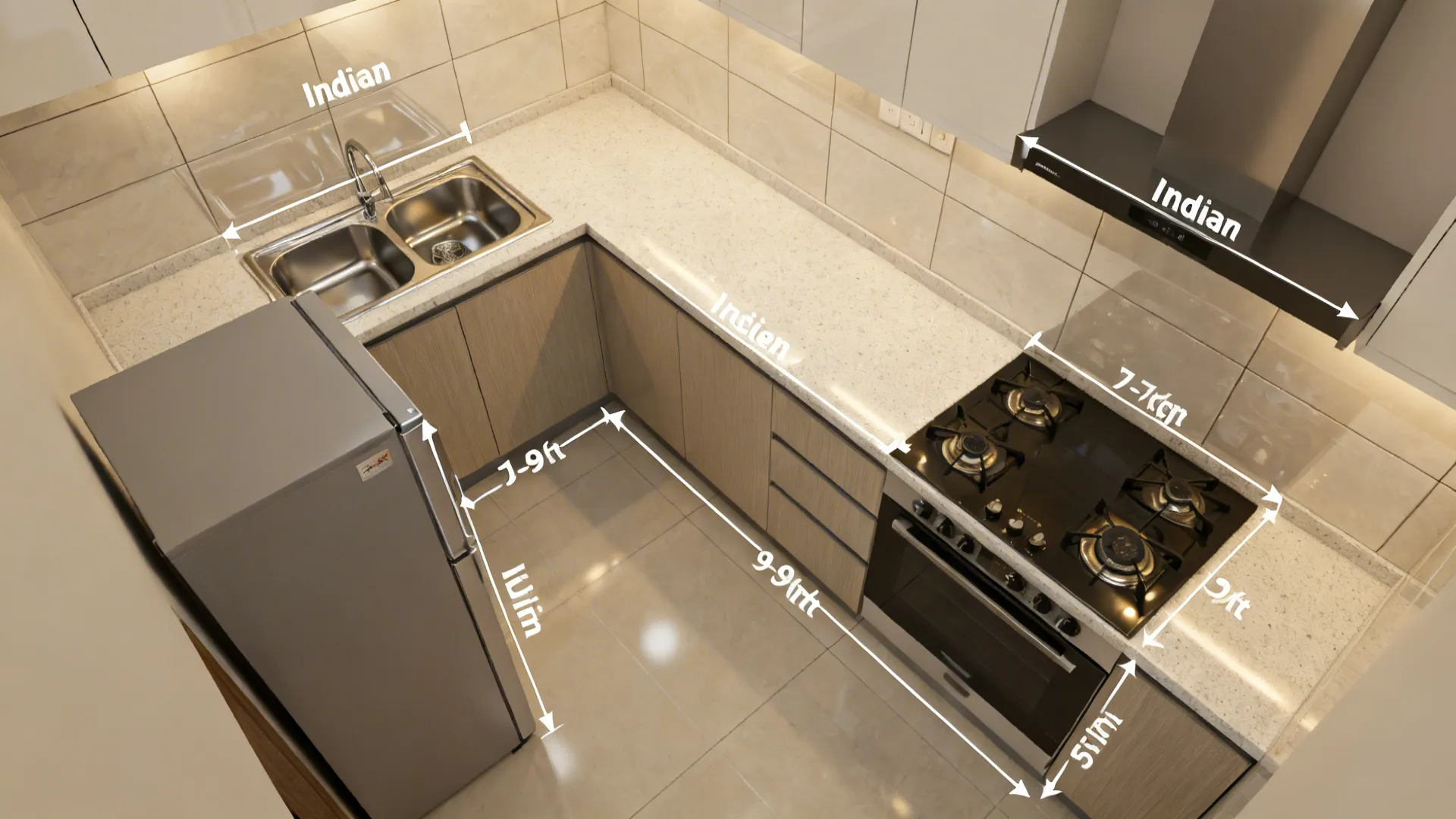 Top-down view of an L-shaped kitchen showing sink-prep-hob zoning and clearances.