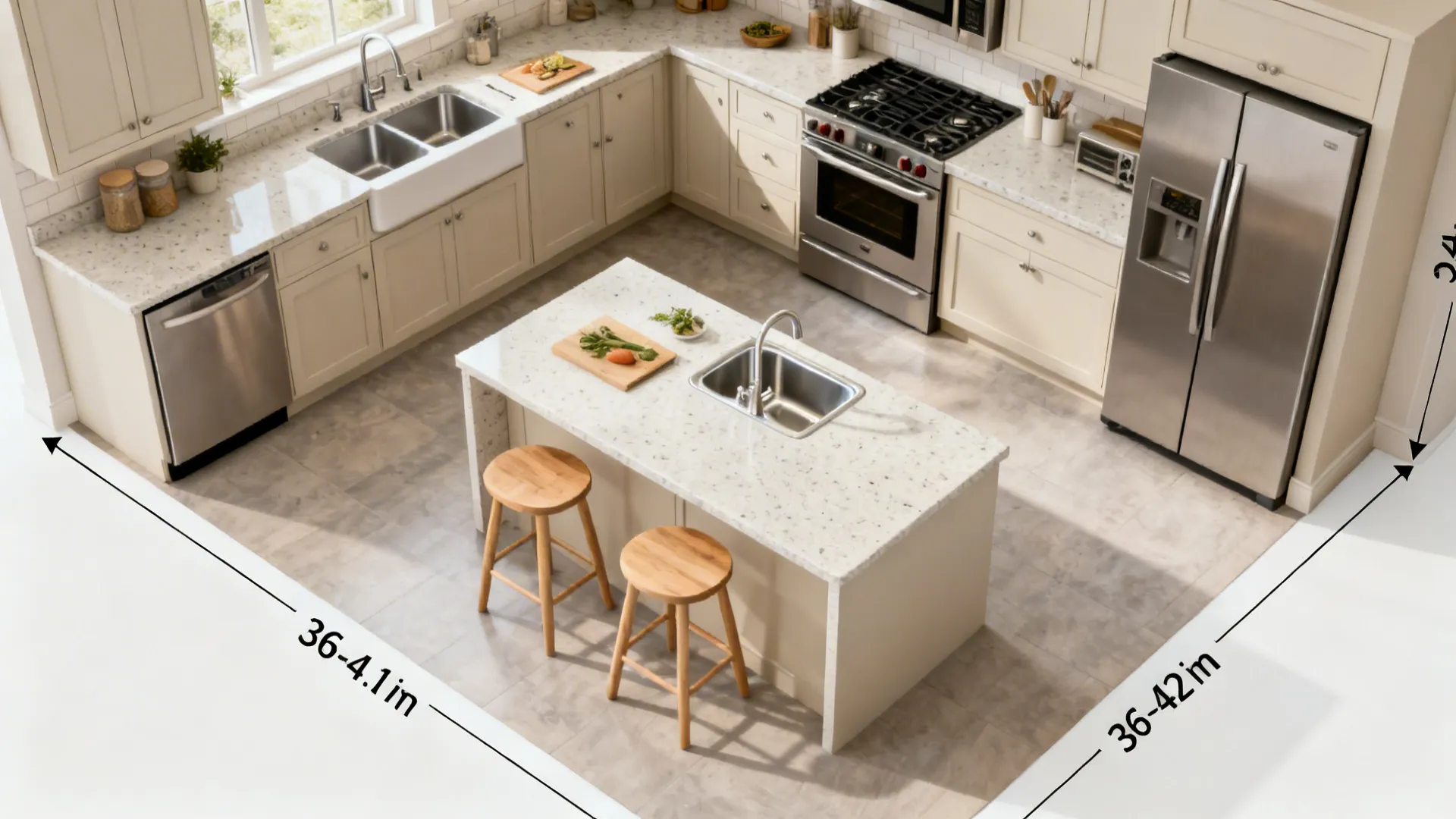 Top-down view of an L-shaped kitchen with tight work triangle and island seating.