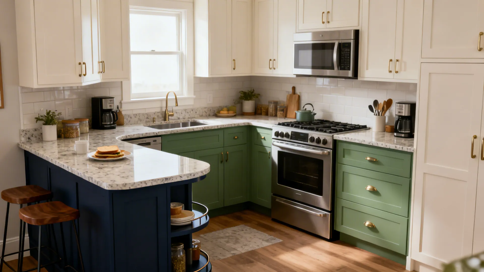 L-shaped modular kitchen with warm white uppers and muted green lowers, optimized worktop and corner storage.