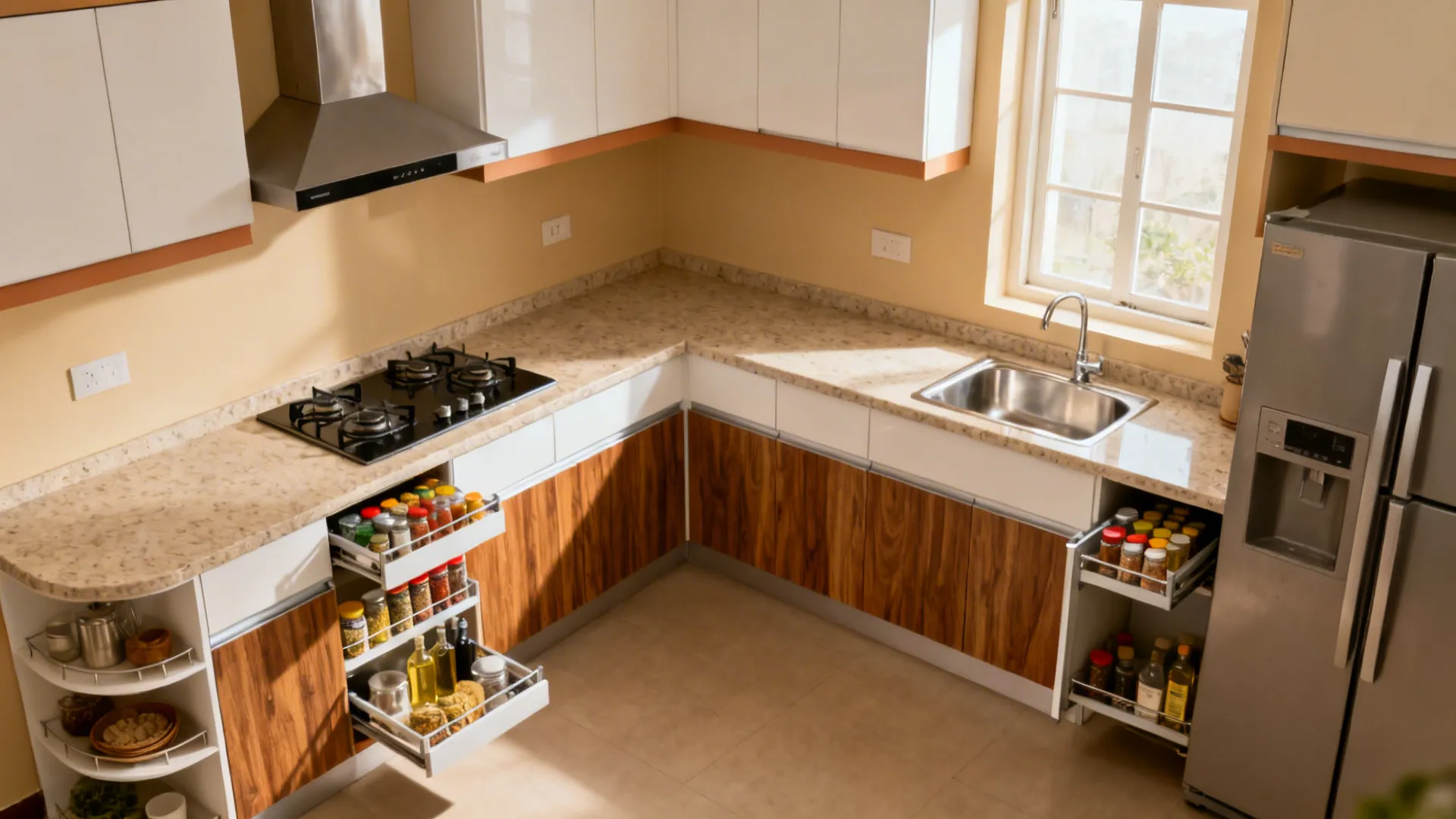 L-shaped small kitchen with separate cook and prep zones, spice pull-out, and corner carousel.