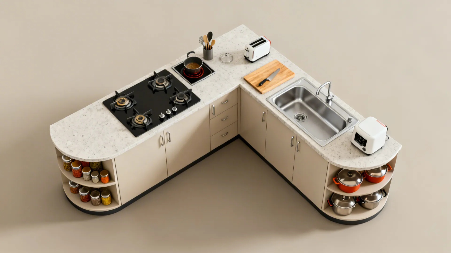 Top-down view of an L-shaped kitchen showing hot and prep zones with a corner carousel.