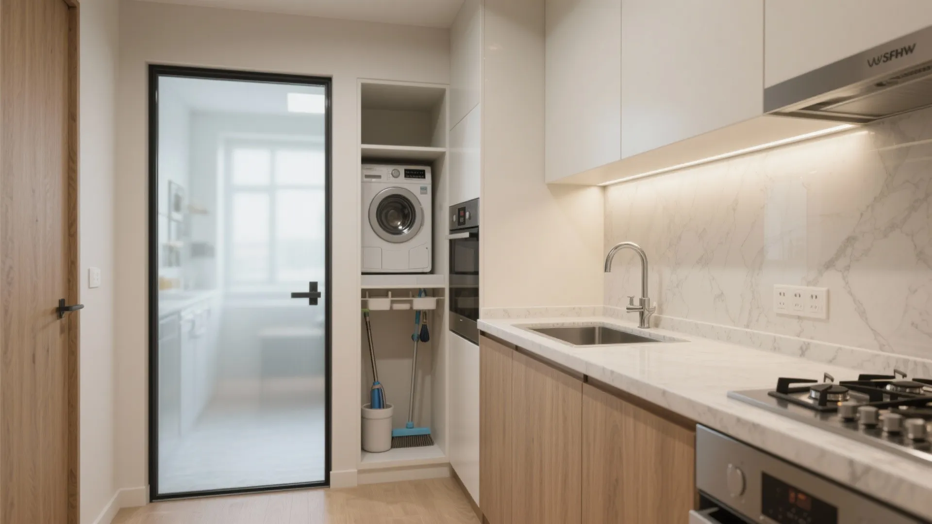 Flexible L-shaped kitchen with a utility pocket