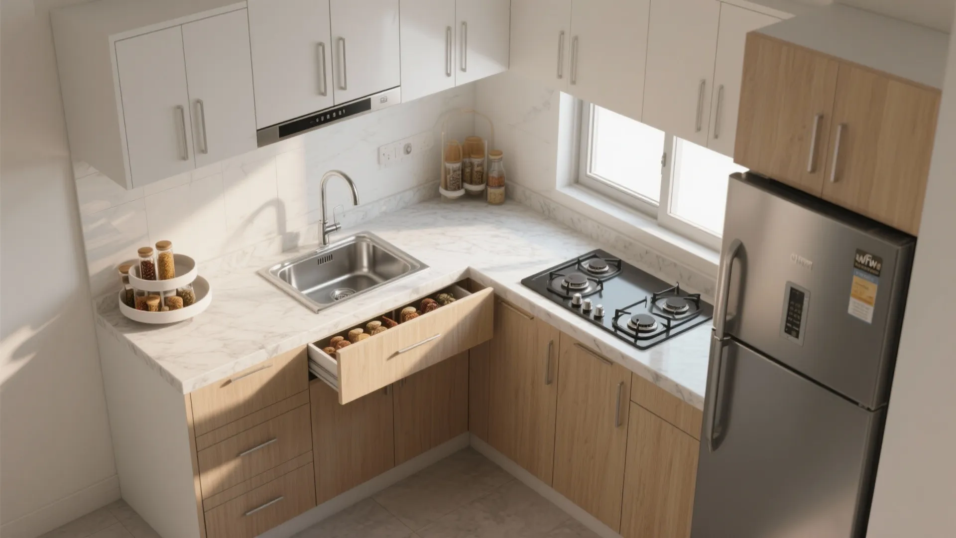 L-shaped kitchen layout in the utility or secondary kitchen