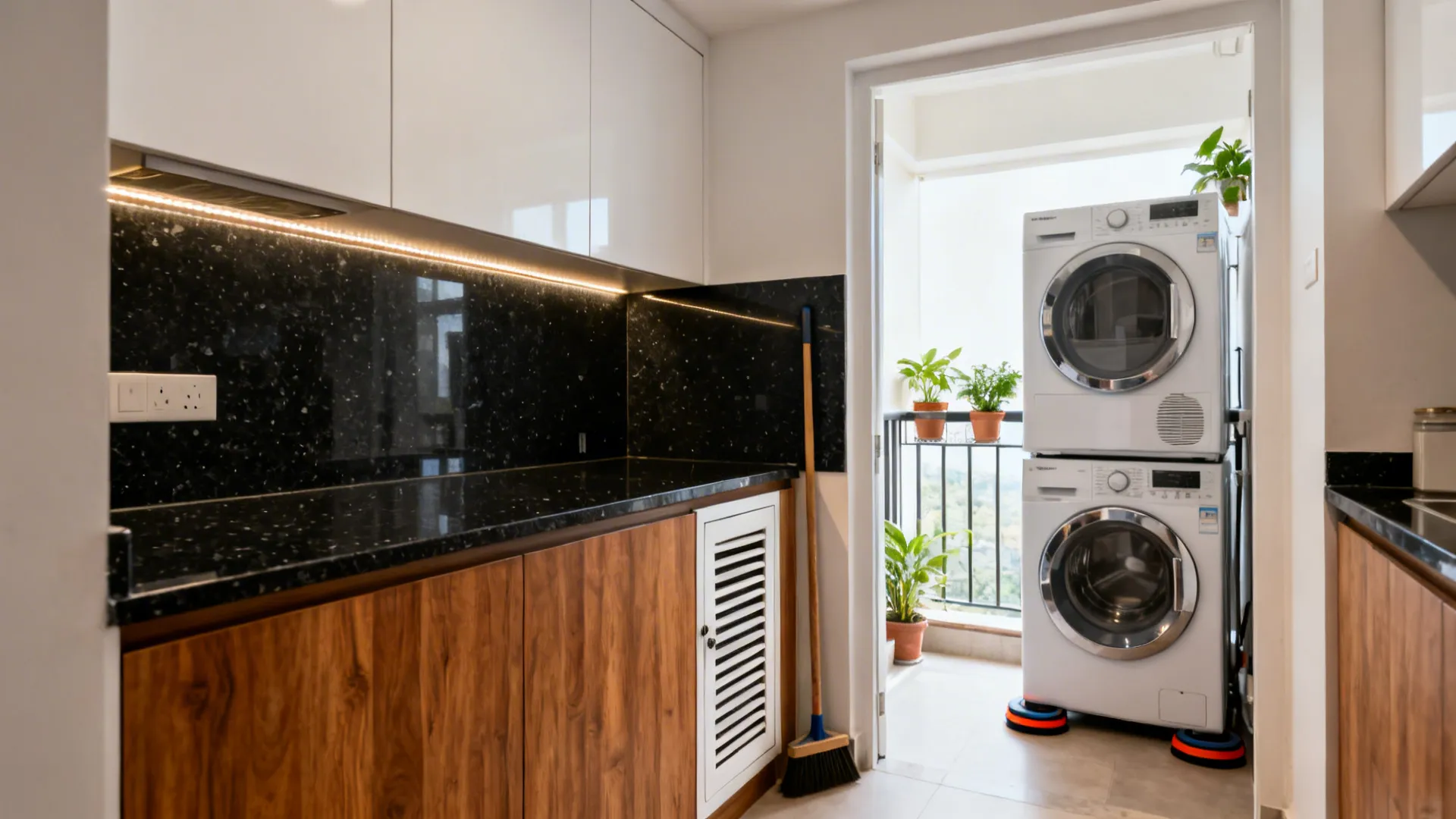 Compact L-shaped Indian kitchen with adjacent stacked washer-dryer and broom cabinet.