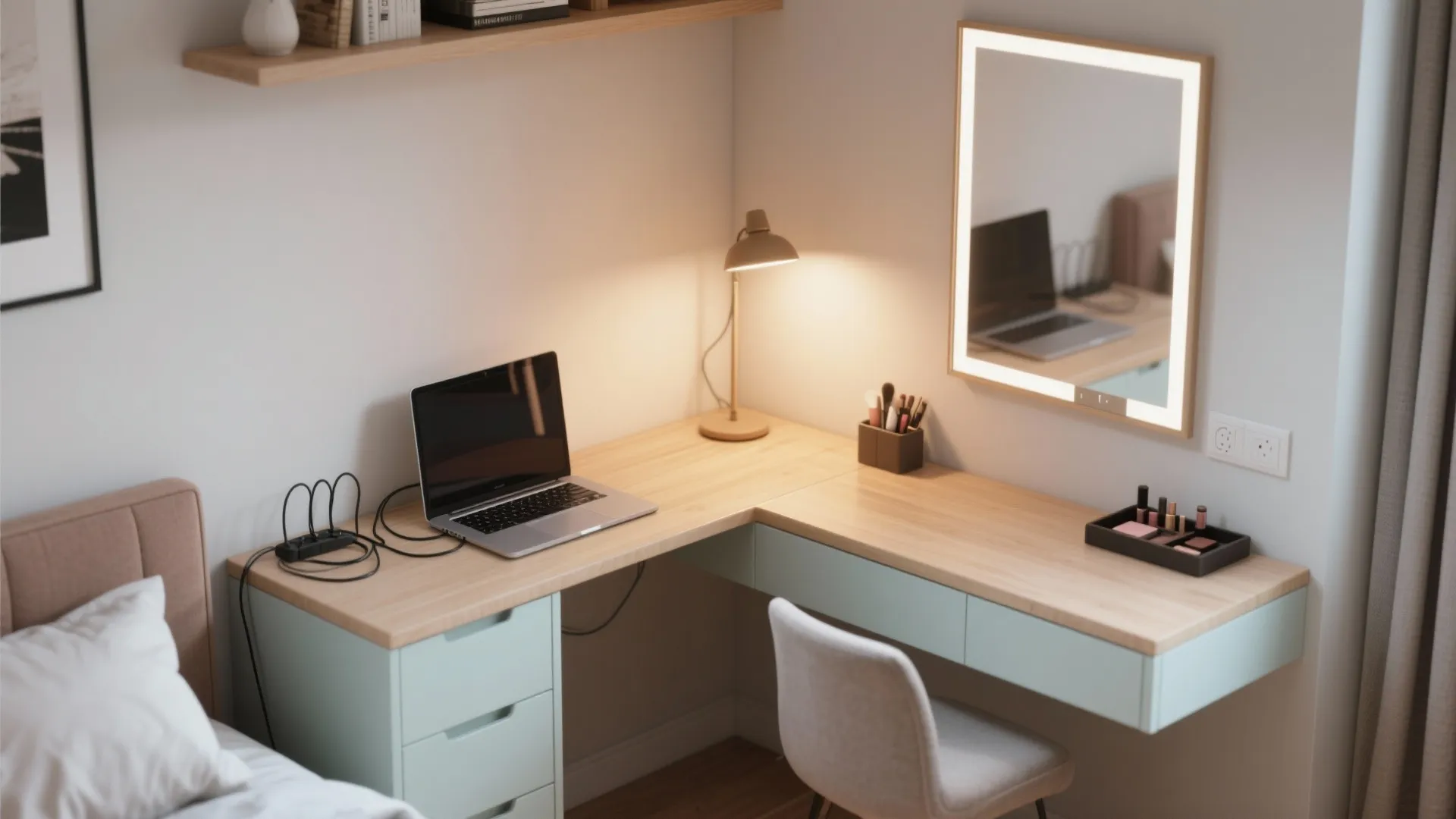 2. L-shape compact desk that doubles as a vanity