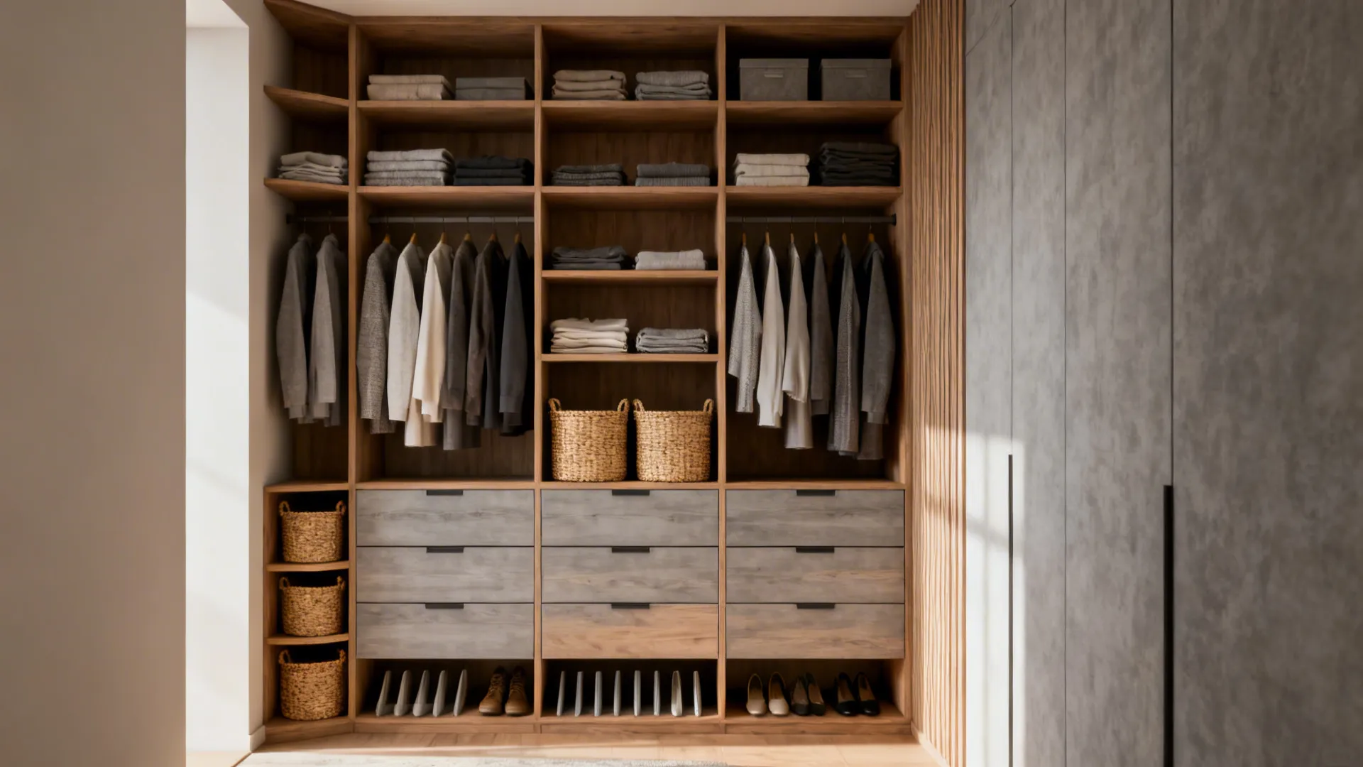 Narrow L-shaped walk-in with floor-to-ceiling shelves, stacked drawers and matching baskets.