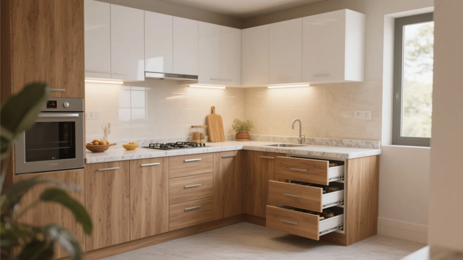 Compact L-shaped kitchen flow