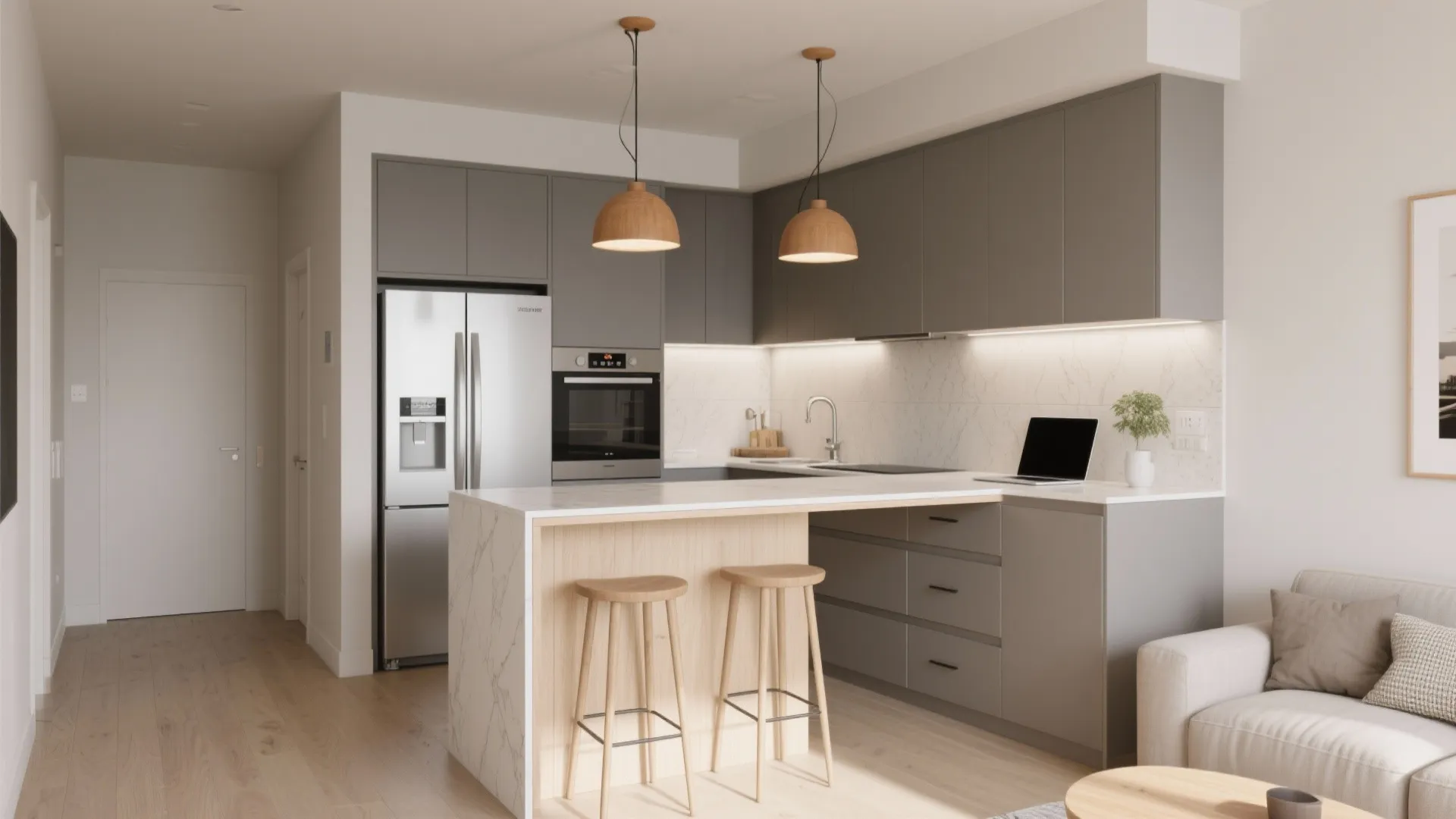 L-shaped small kitchen with a boundary-building peninsula