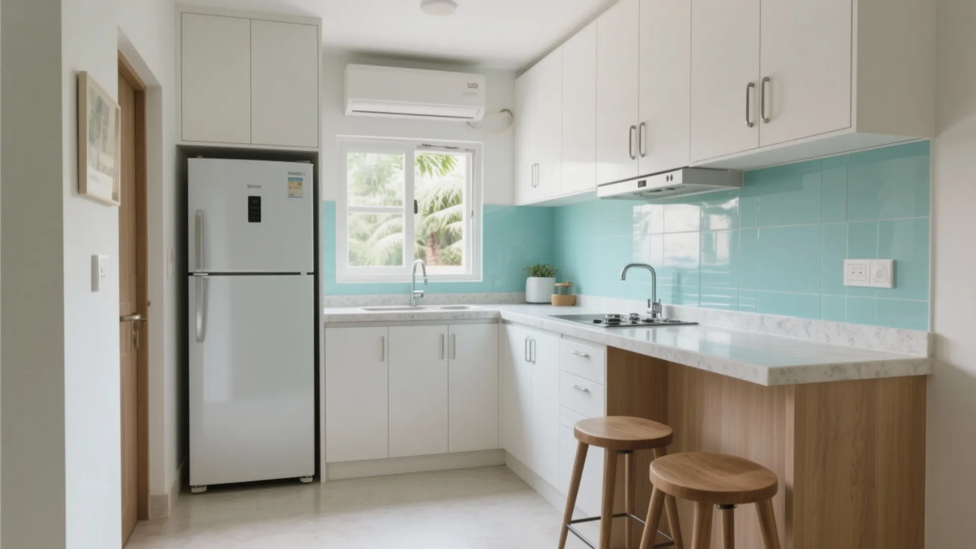 L-shaped small kitchen layout that opens up movement