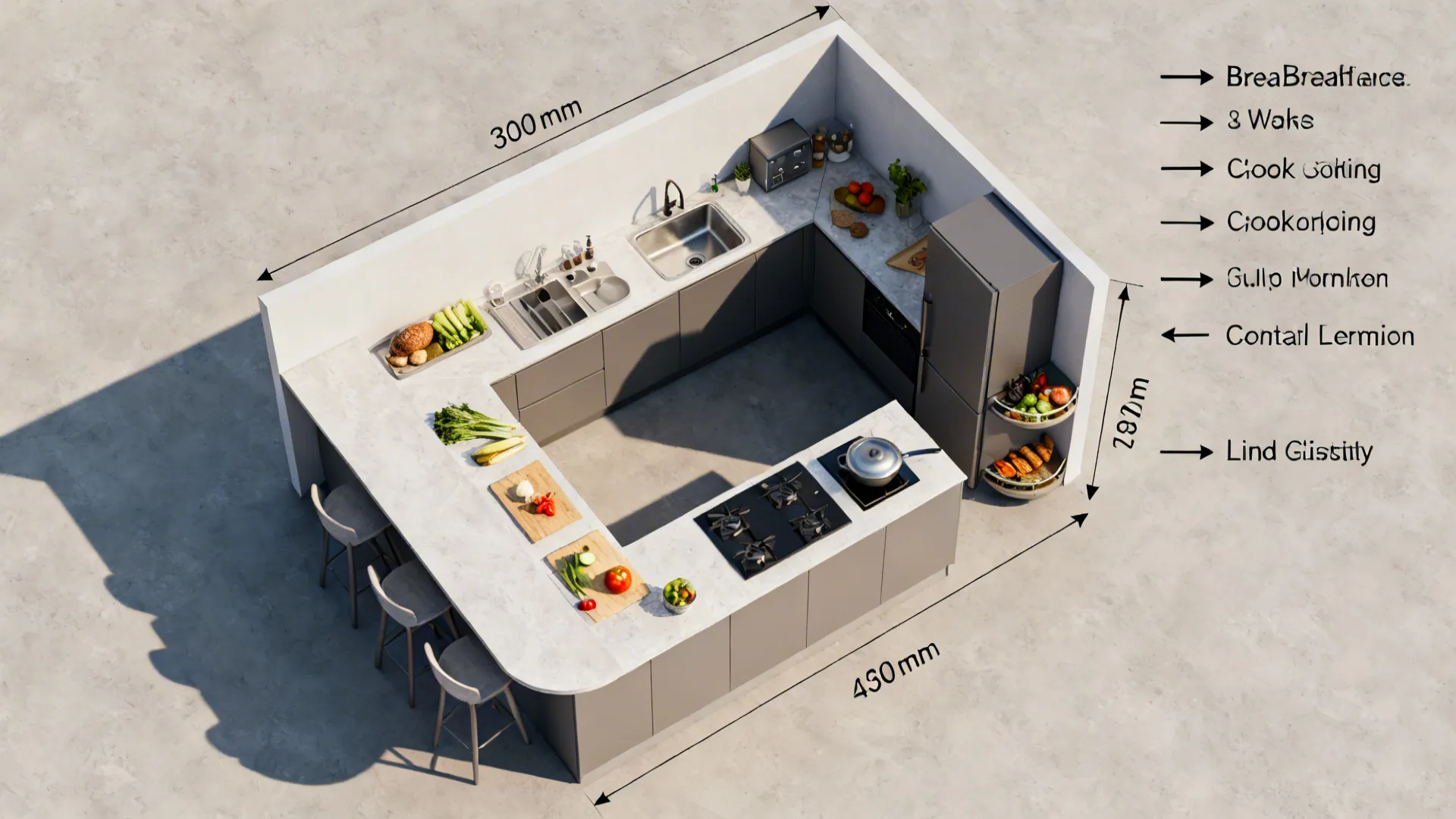Interior design drawing showing a modern kitchen layout with dimensions grey cabinets and stone counter tops