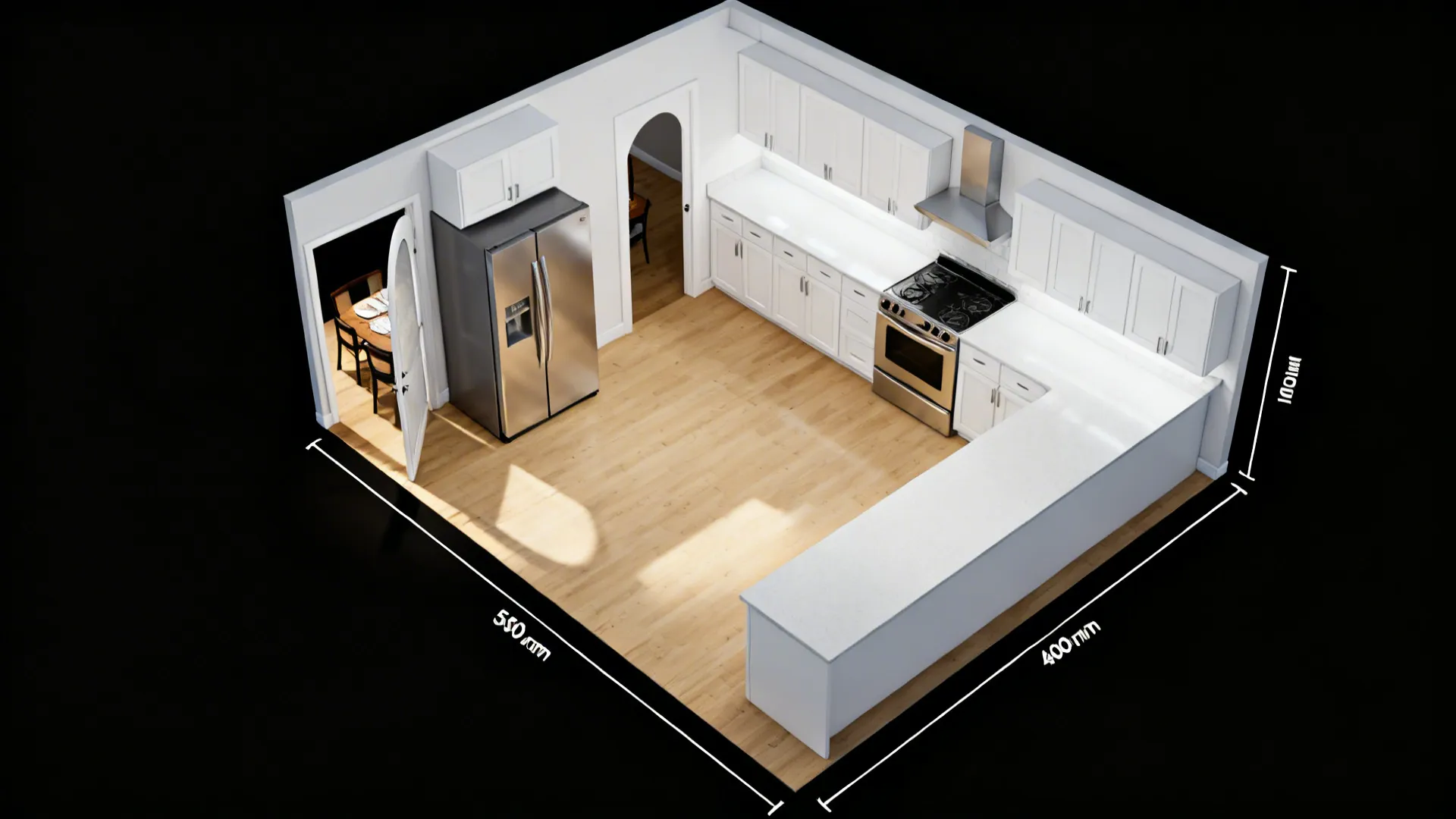 Top-down view of an L-shaped compact kitchen with the fridge near the entry and a long prep run.
