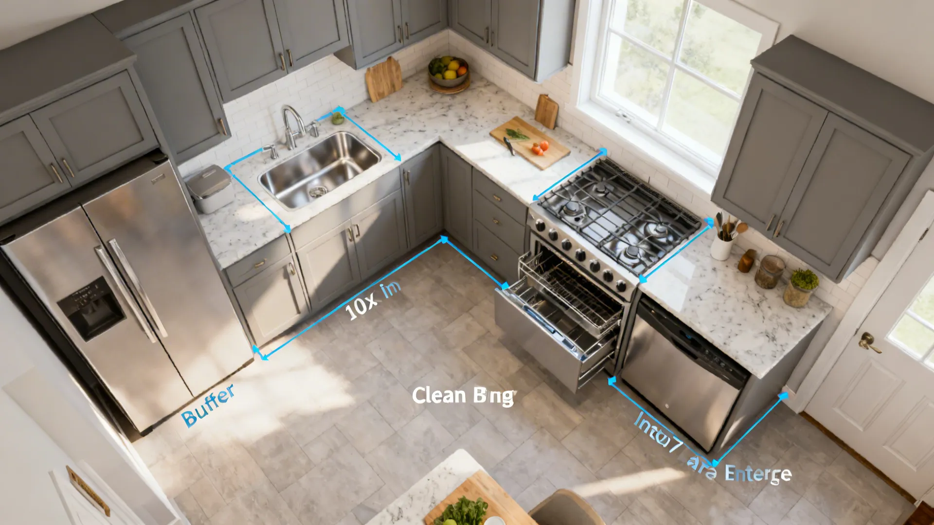 Top-down view of a 10x7 L-shaped kitchen with prep, cook, and clean zones clearly defined.