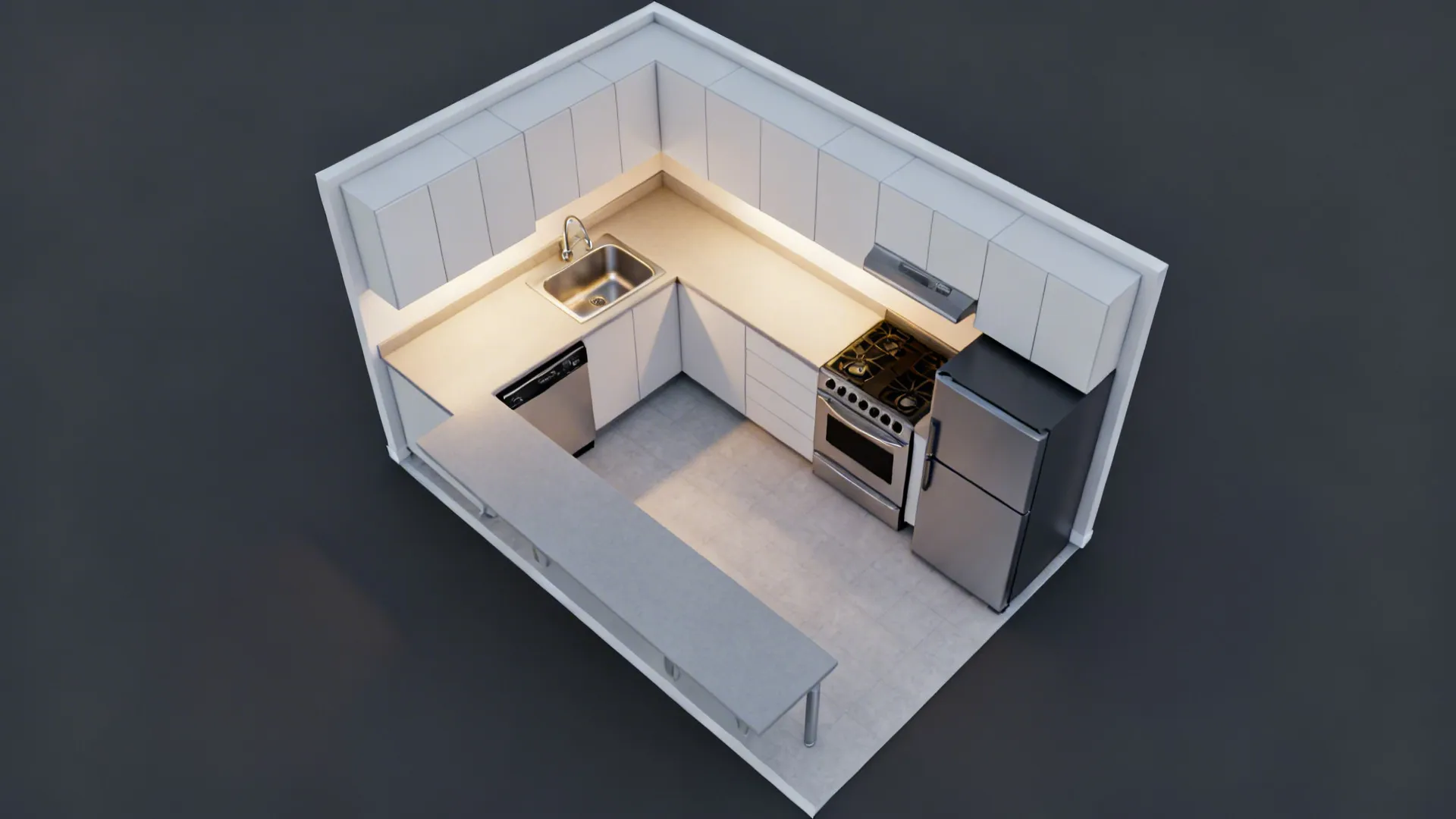 Top-down view of an L-shaped kitchen showing sink at corner, compact appliances, and clear landing zones.
