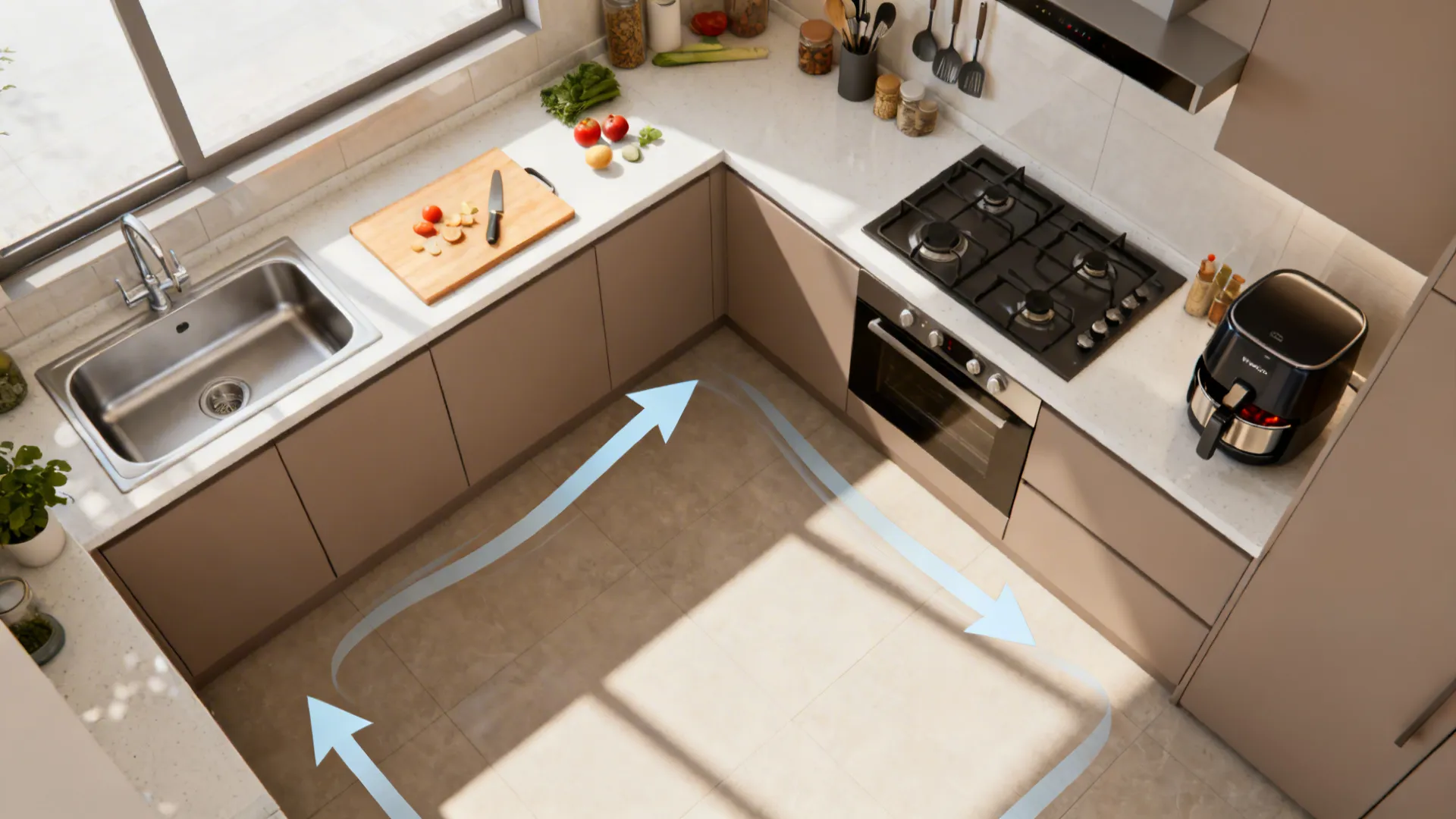 Top-down view of a compact L-shaped kitchen with distinct prep, heat, and cleanup zones.