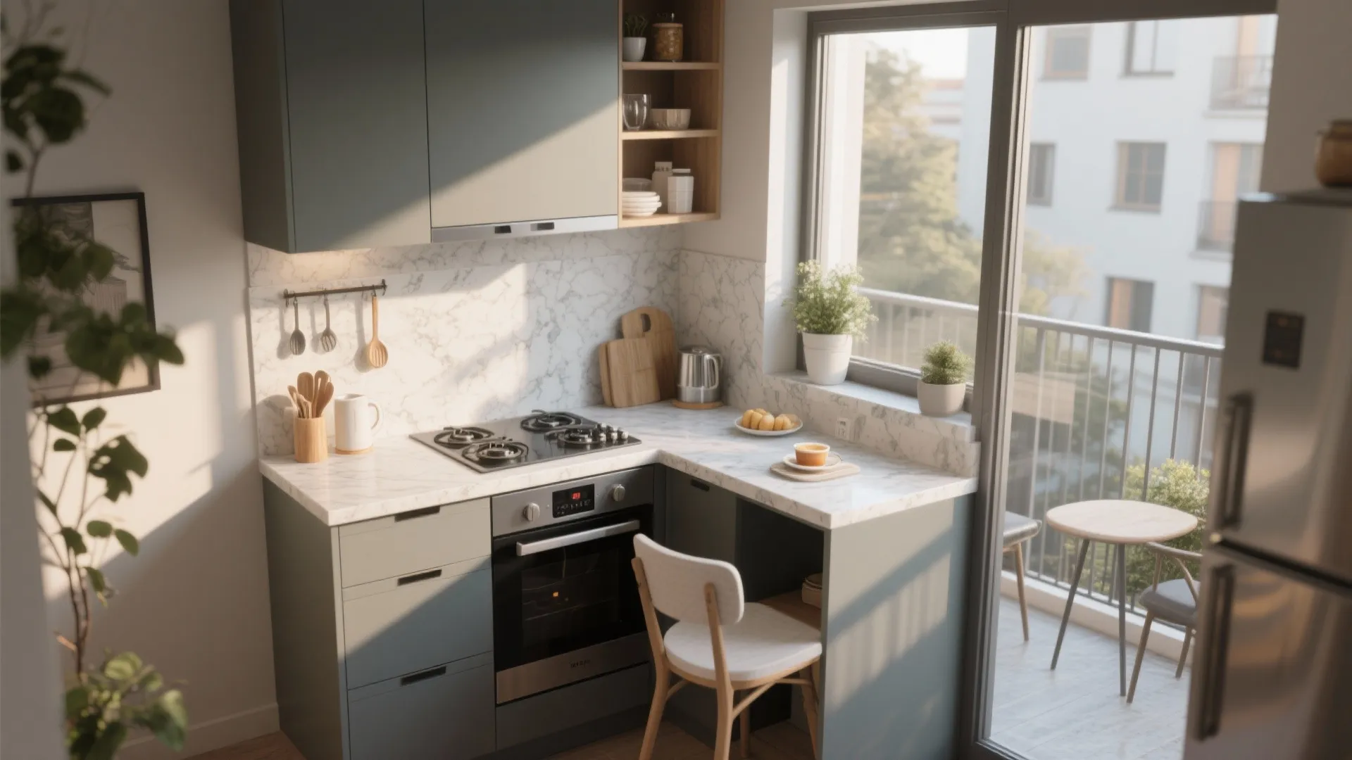 L-shaped counter extension onto the balcony