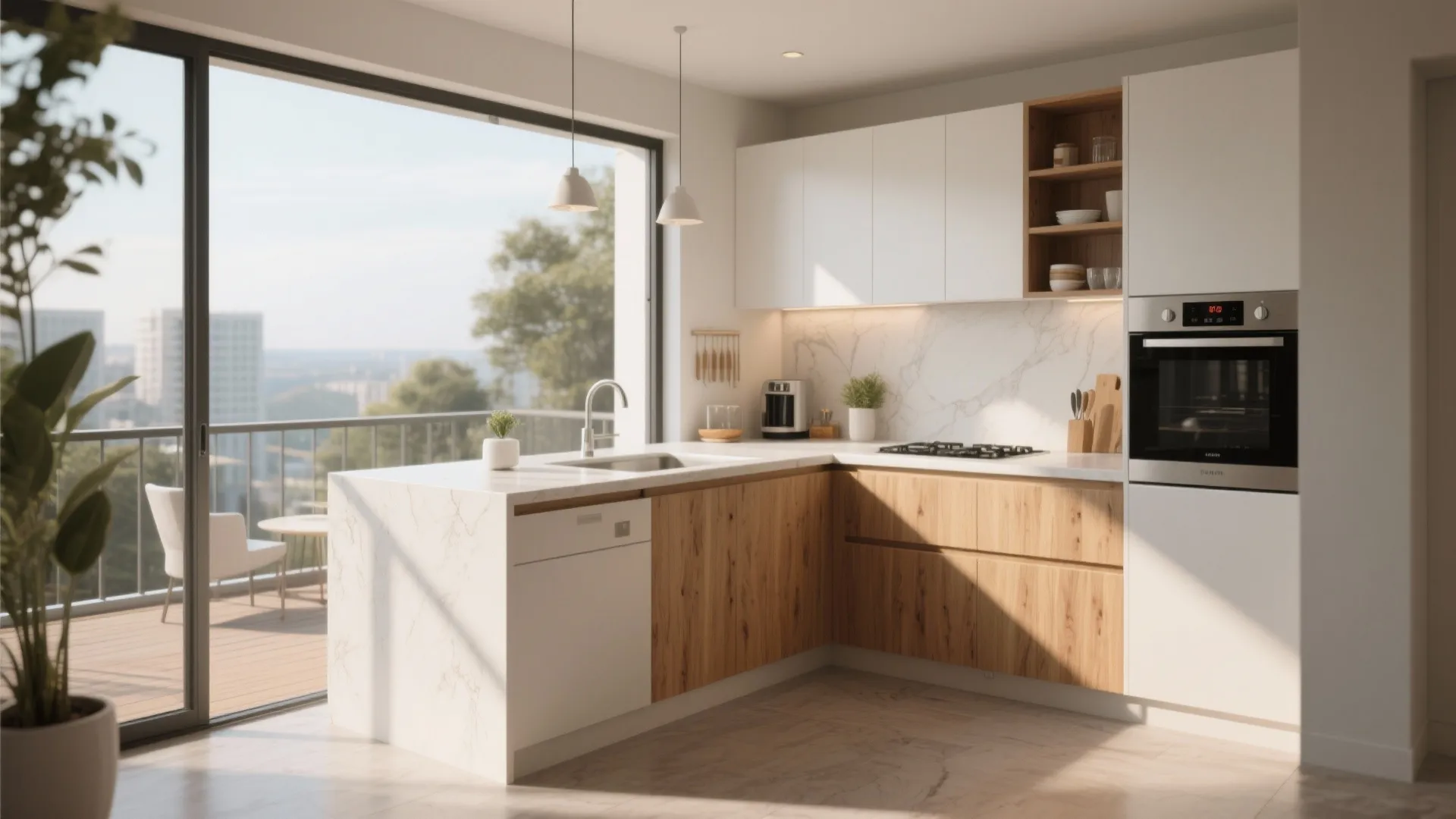 Modern L-shaped kitchen with white cabinets wood units marble island and sliding glass balcony door