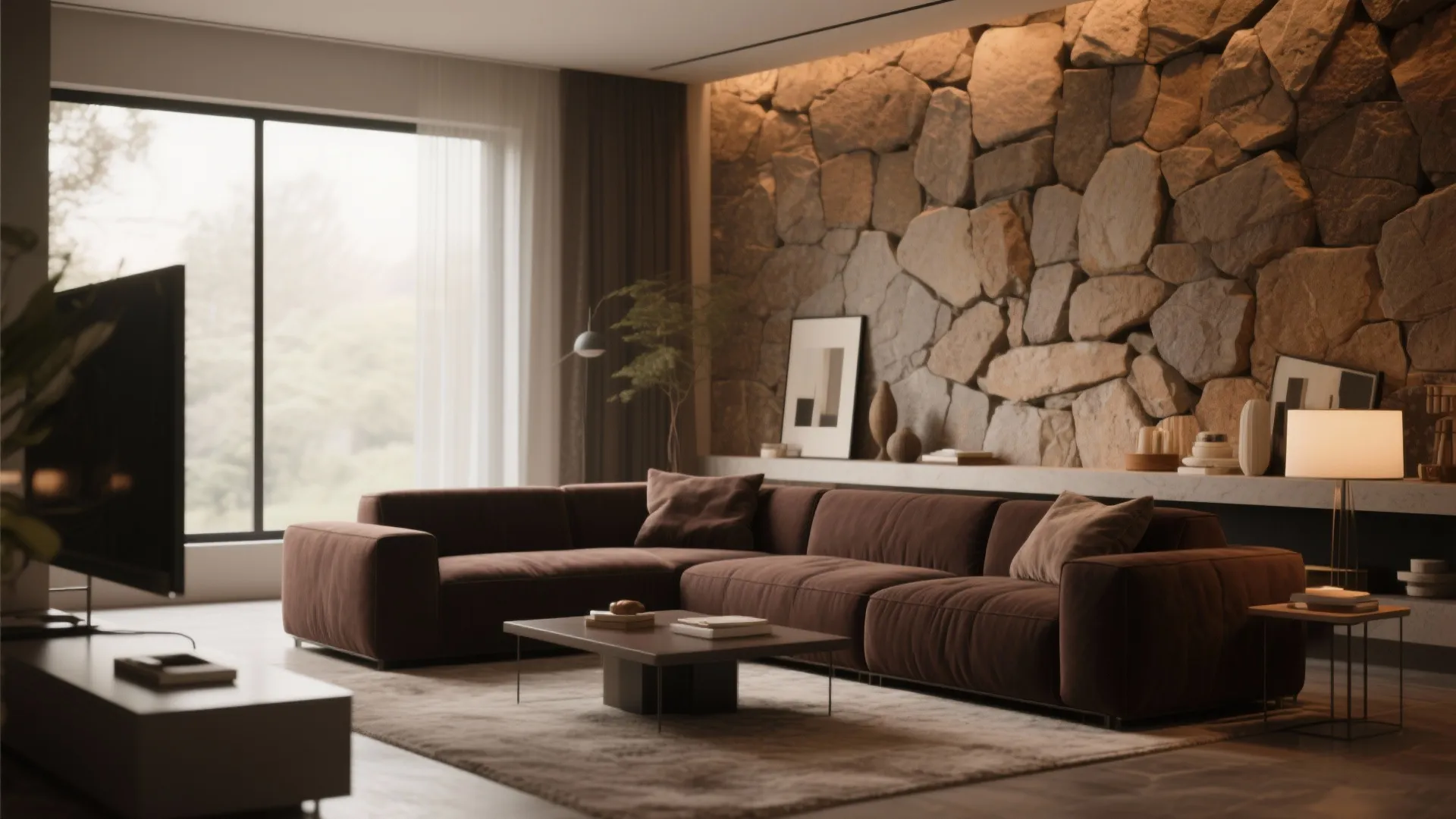 L-shaped brown sectional against textured stone wall