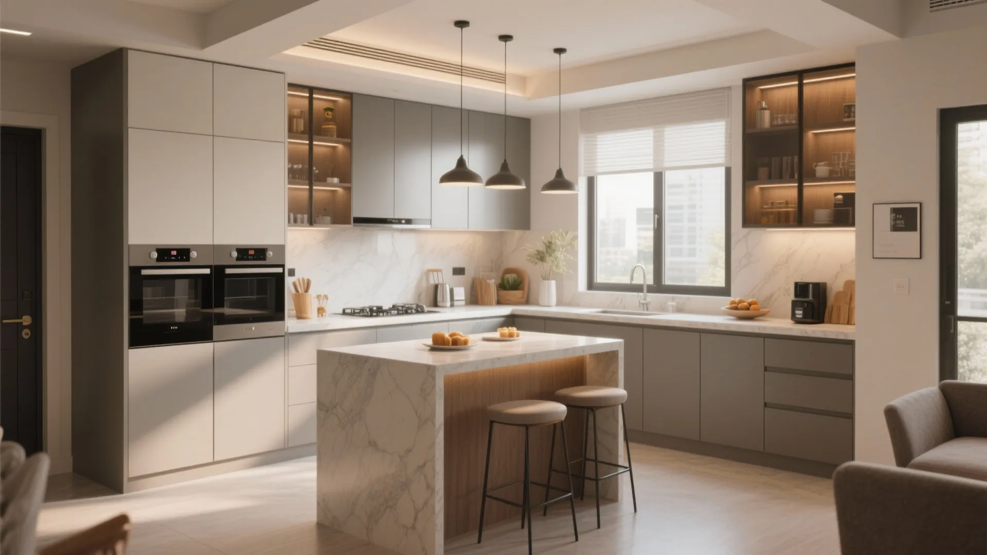 Modern grey kitchen with marble island three ceiling lights large window and built in oven