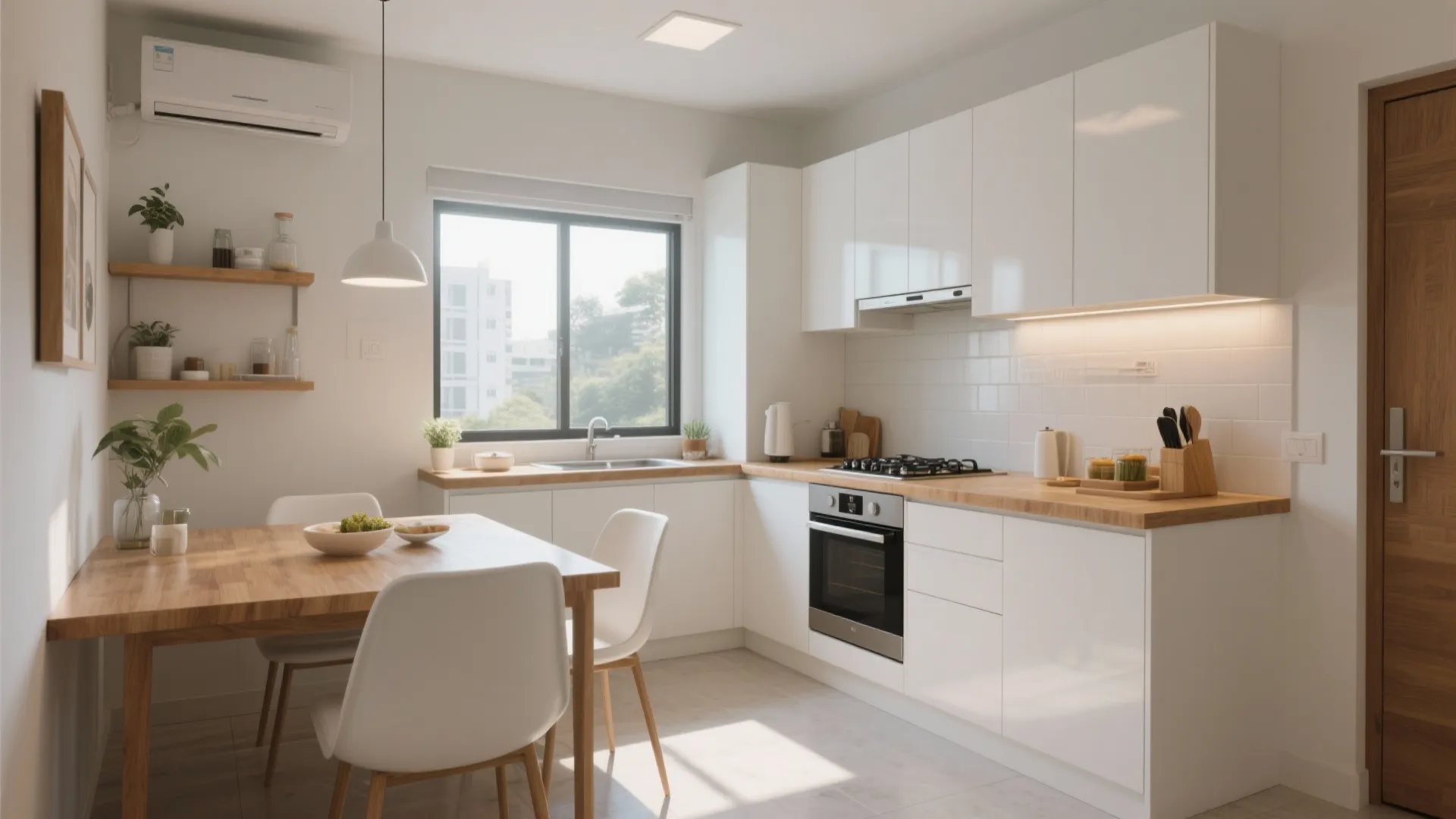 Bright white kitchen with wooden countertop dining table two chairs built in oven and large window
