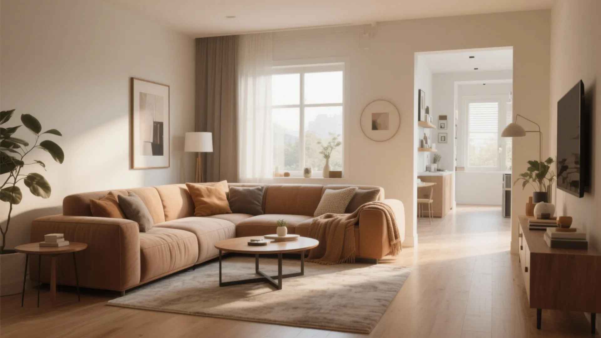 Modern warm living room with tan corner sofa wooden coffee table large windows and natural light