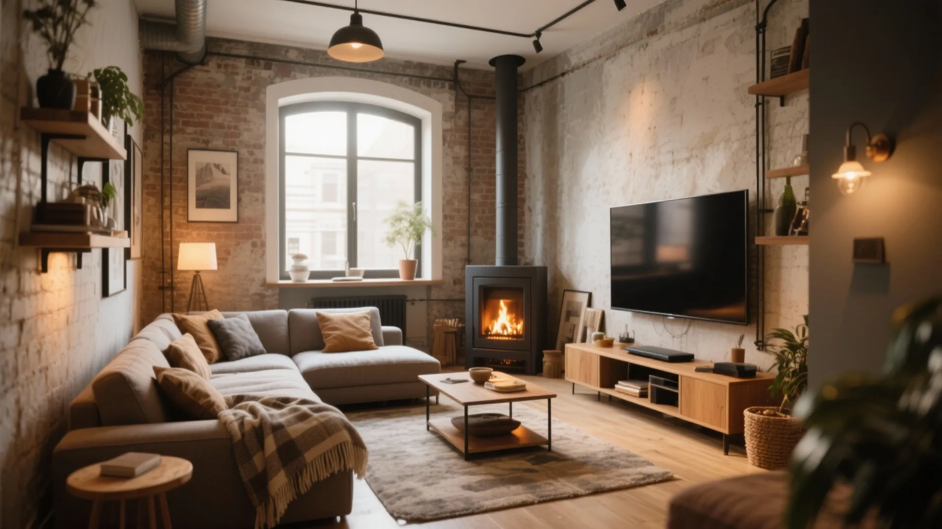 Industrial living room with grey sofa wooden coffee table black fireplace brick wall and natural light