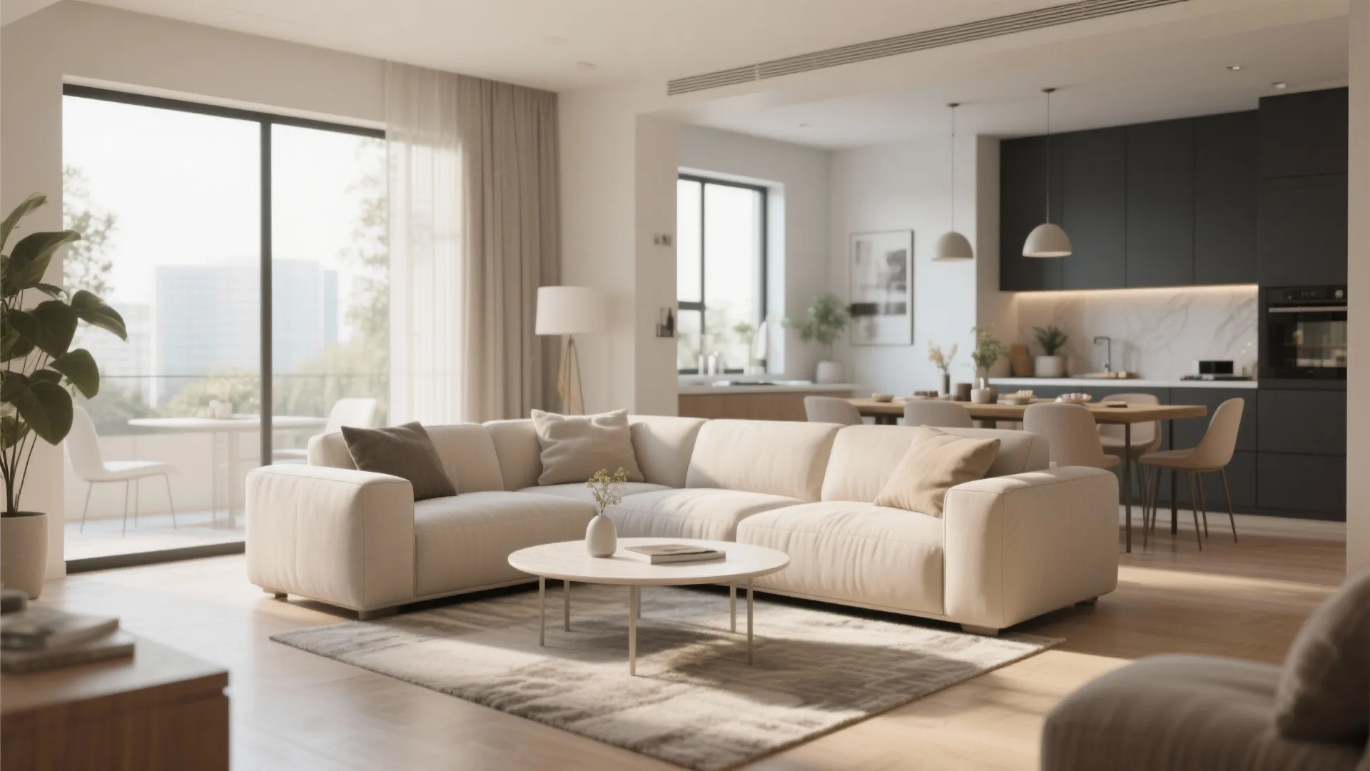 Modern open plan living area with cream sofa kitchen island dining table and large windows