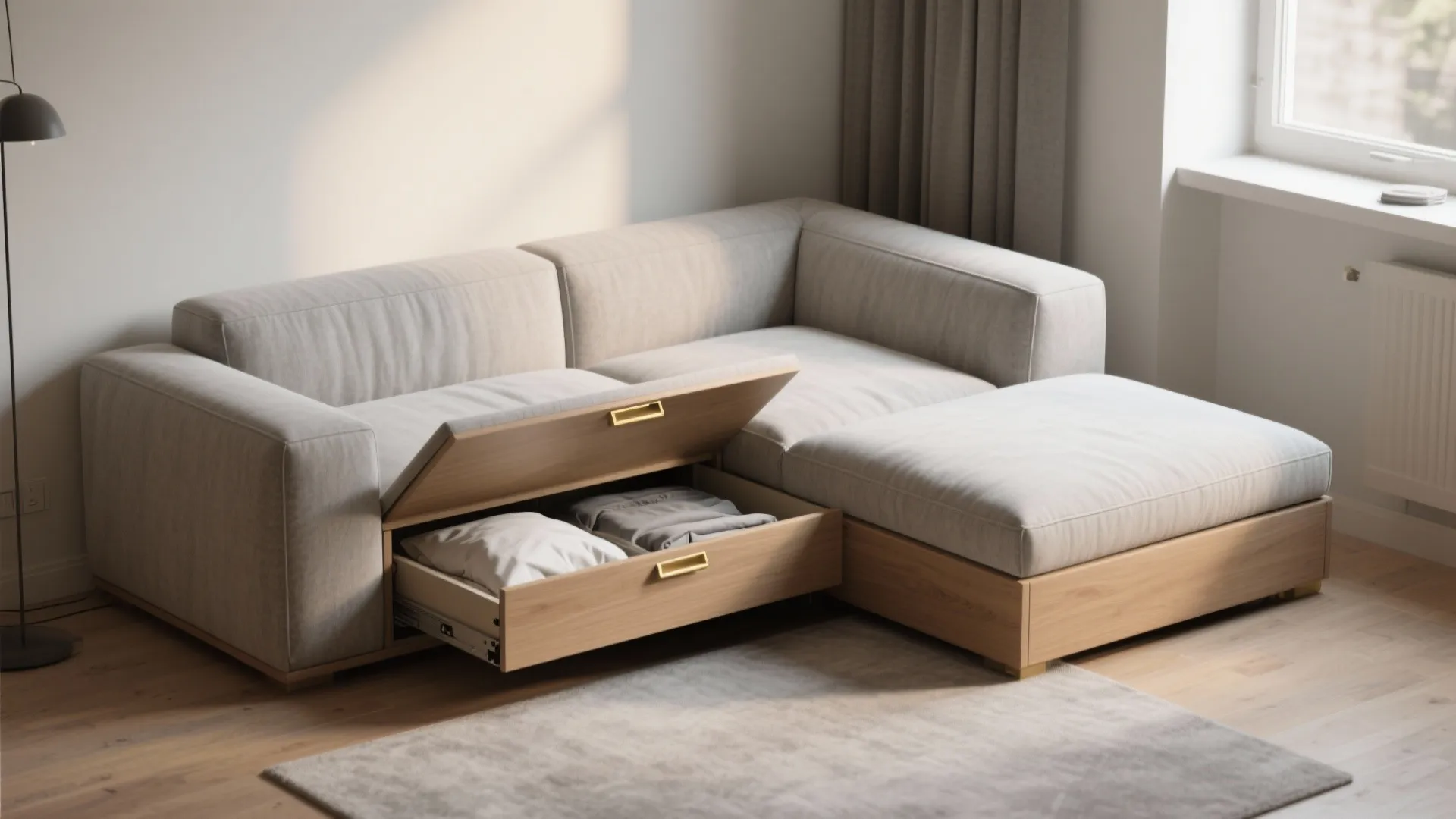 Low-profile L-shaped sectional with the chaise lifted to show deep hidden storage used for bedding in a compact studio.