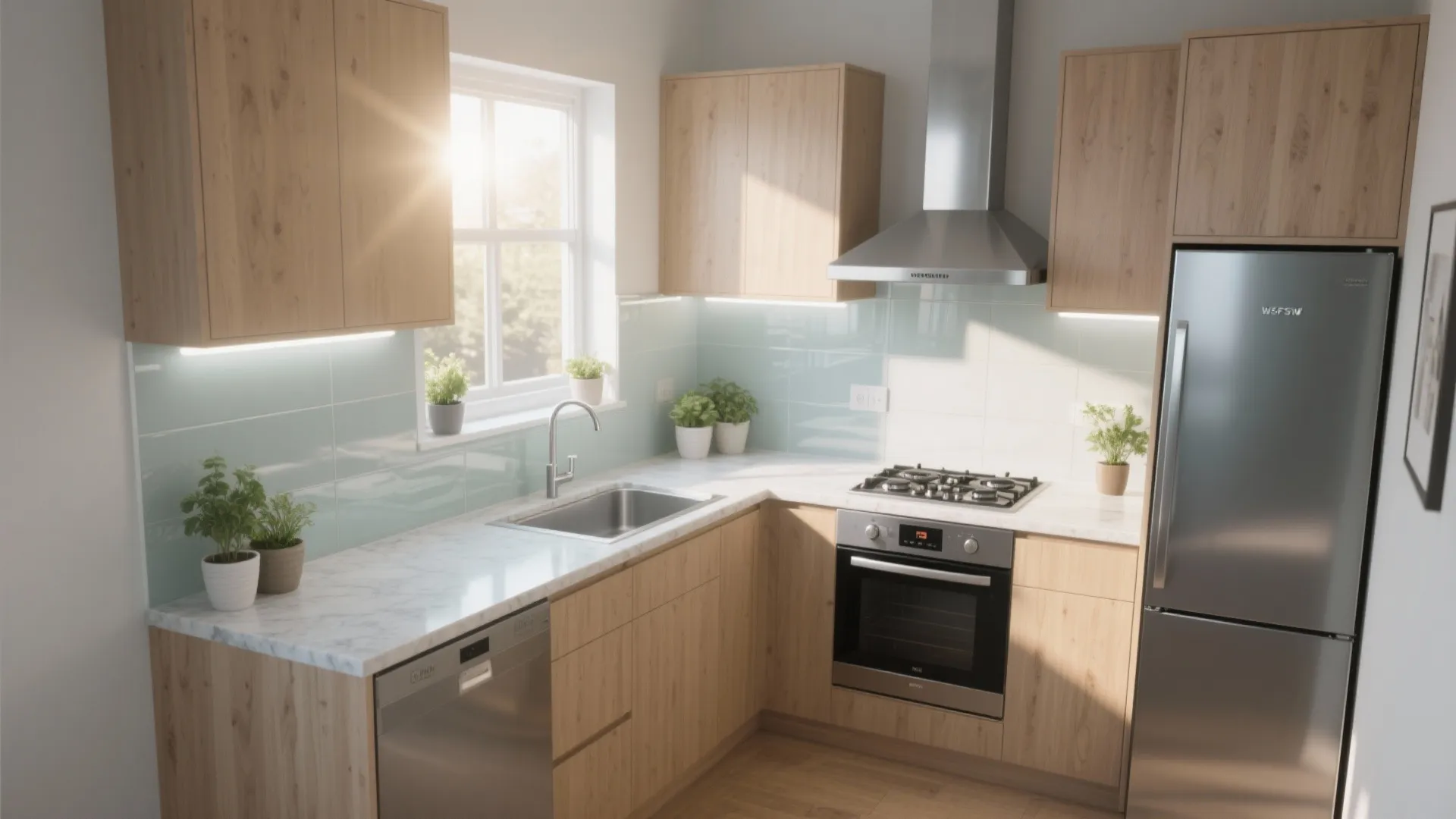 Compact L-shaped kitchen that loves the morning sun