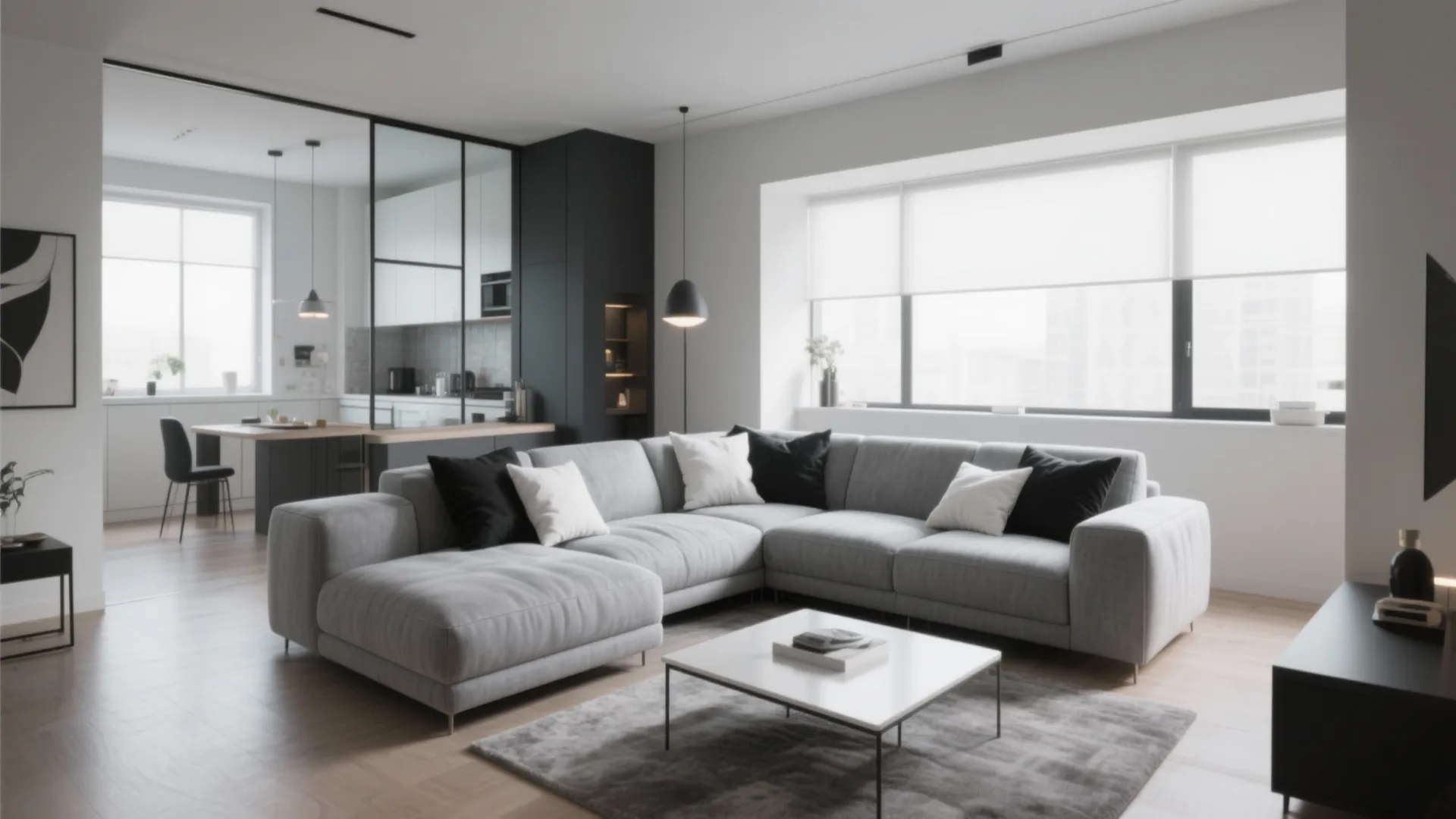 L-shaped silver-grey sectional sofa in modern living room