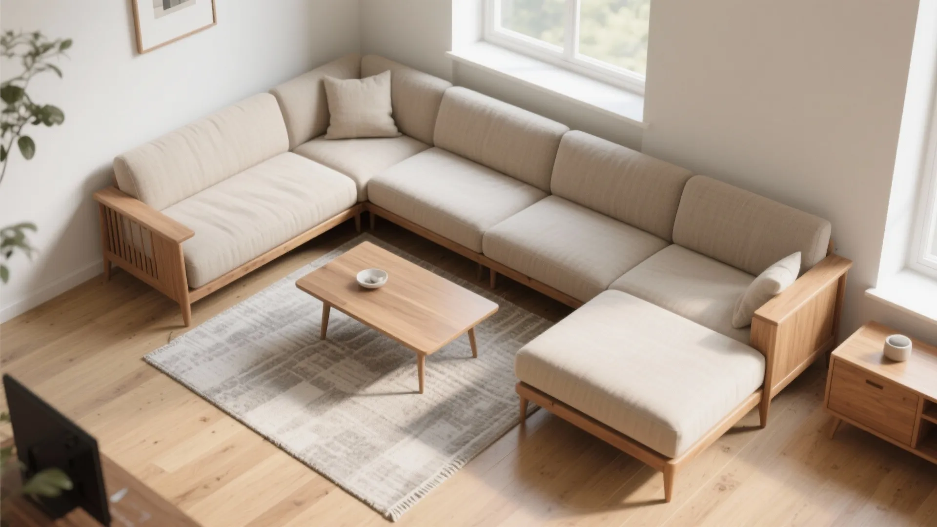 Top view of a cream sectional sofa with wooden coffee table and light wood flooring