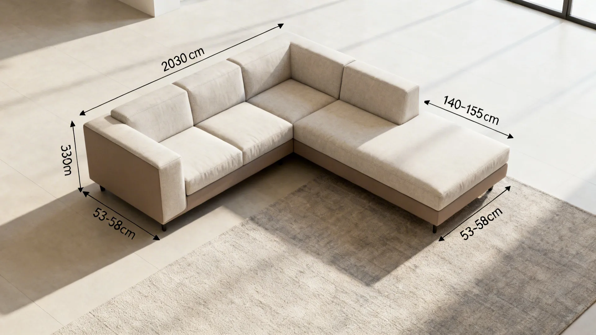 Top-down layout showing proportionally sized L-shaped sofa with clear walkways in a small room.