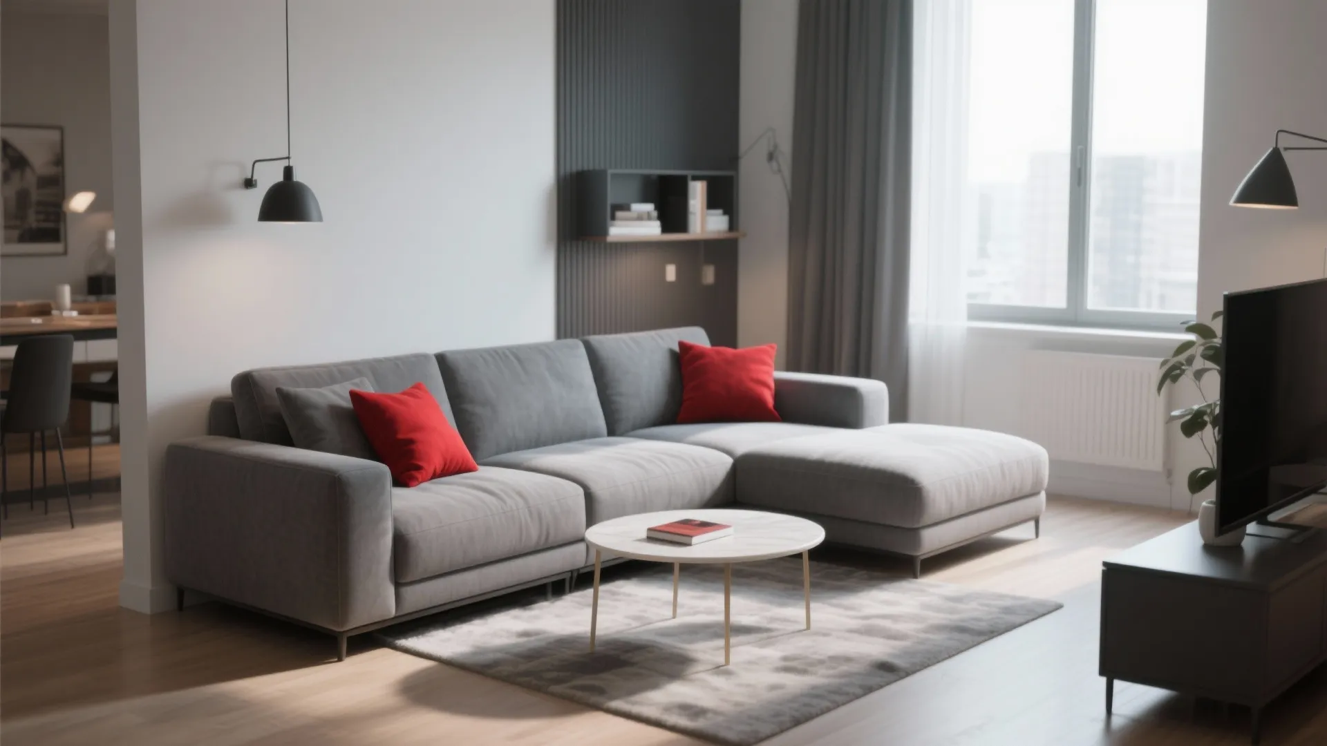 7. L-Shaped Gray Sofa with Red Throw Pillows