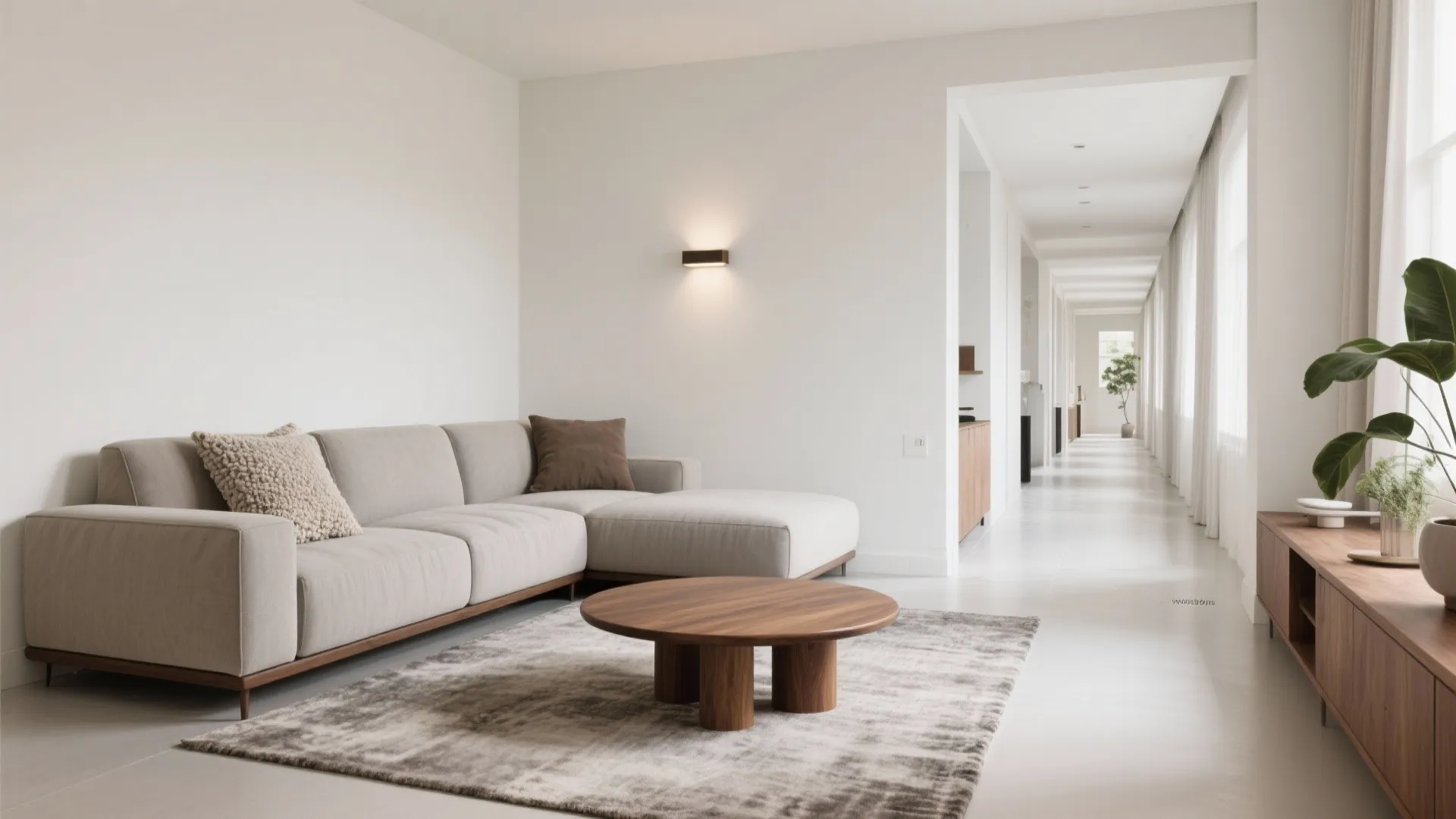Spacious living room with beige sofa, wooden coffee table, wall light, and long white hallway