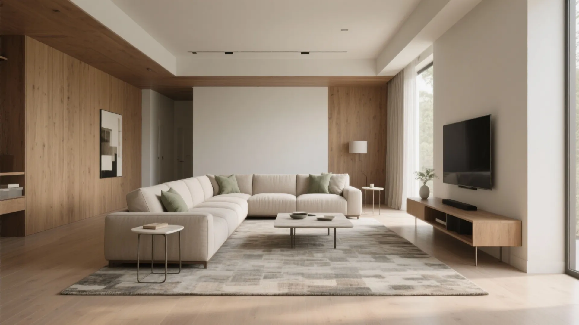 Modern living room featuring large beige sofa wooden wall panels television on cabinet and rug