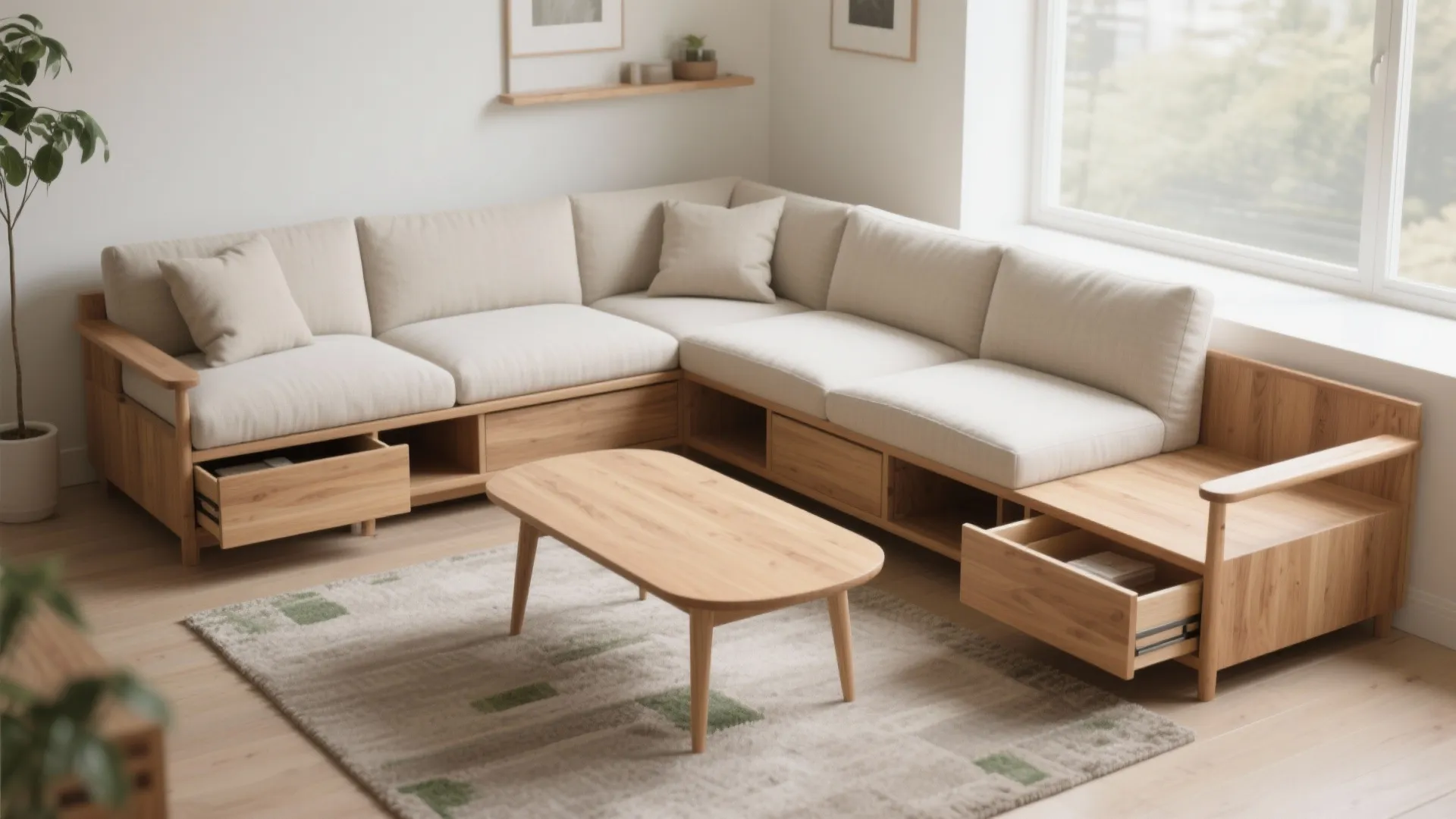Modern wooden corner sofa with built-in storage drawers beige cushions and matching oval coffee table