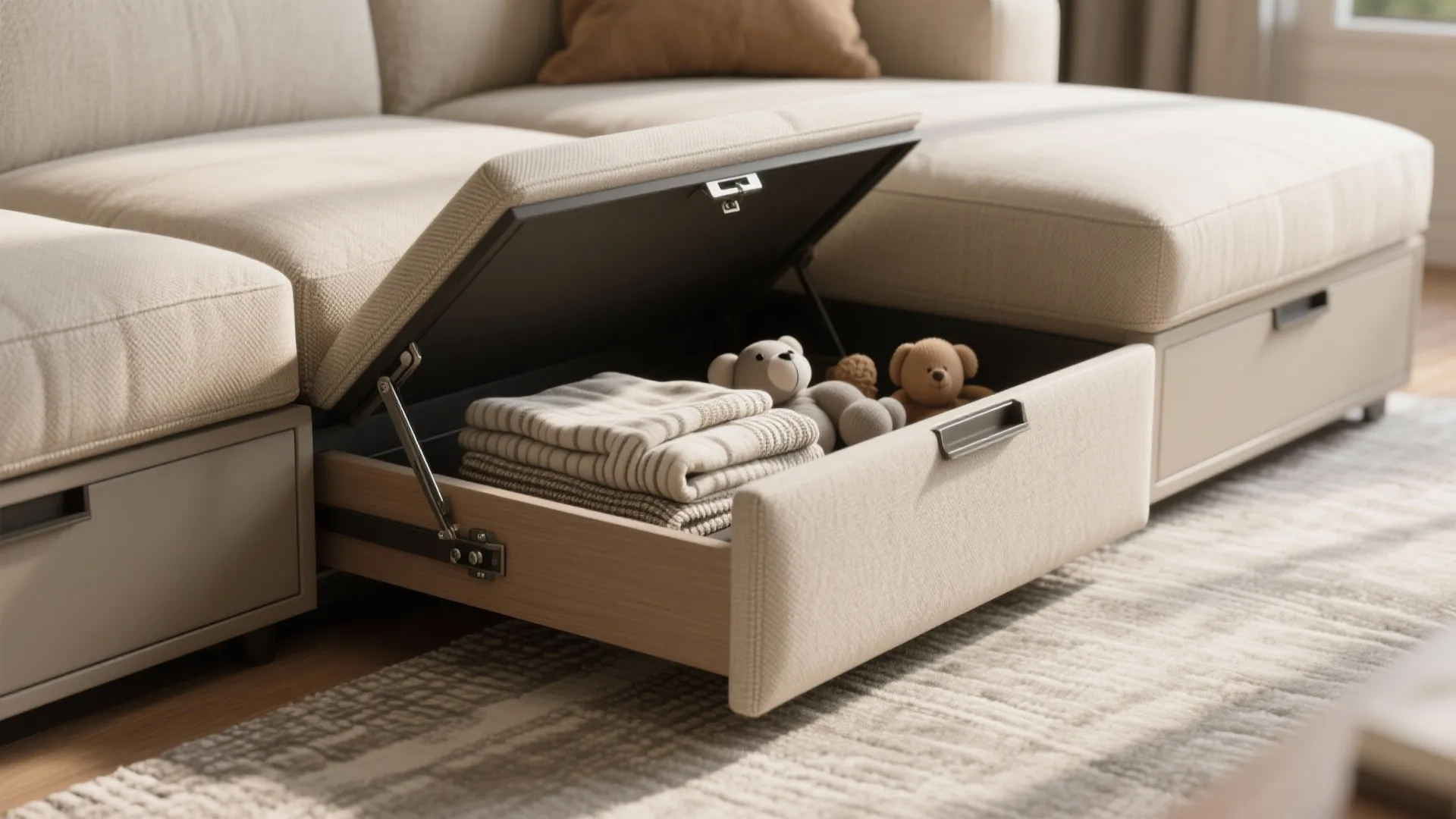 Storage-Integrated L: Lift-Up Chaise, Hidden Drawers, and Smart Modules