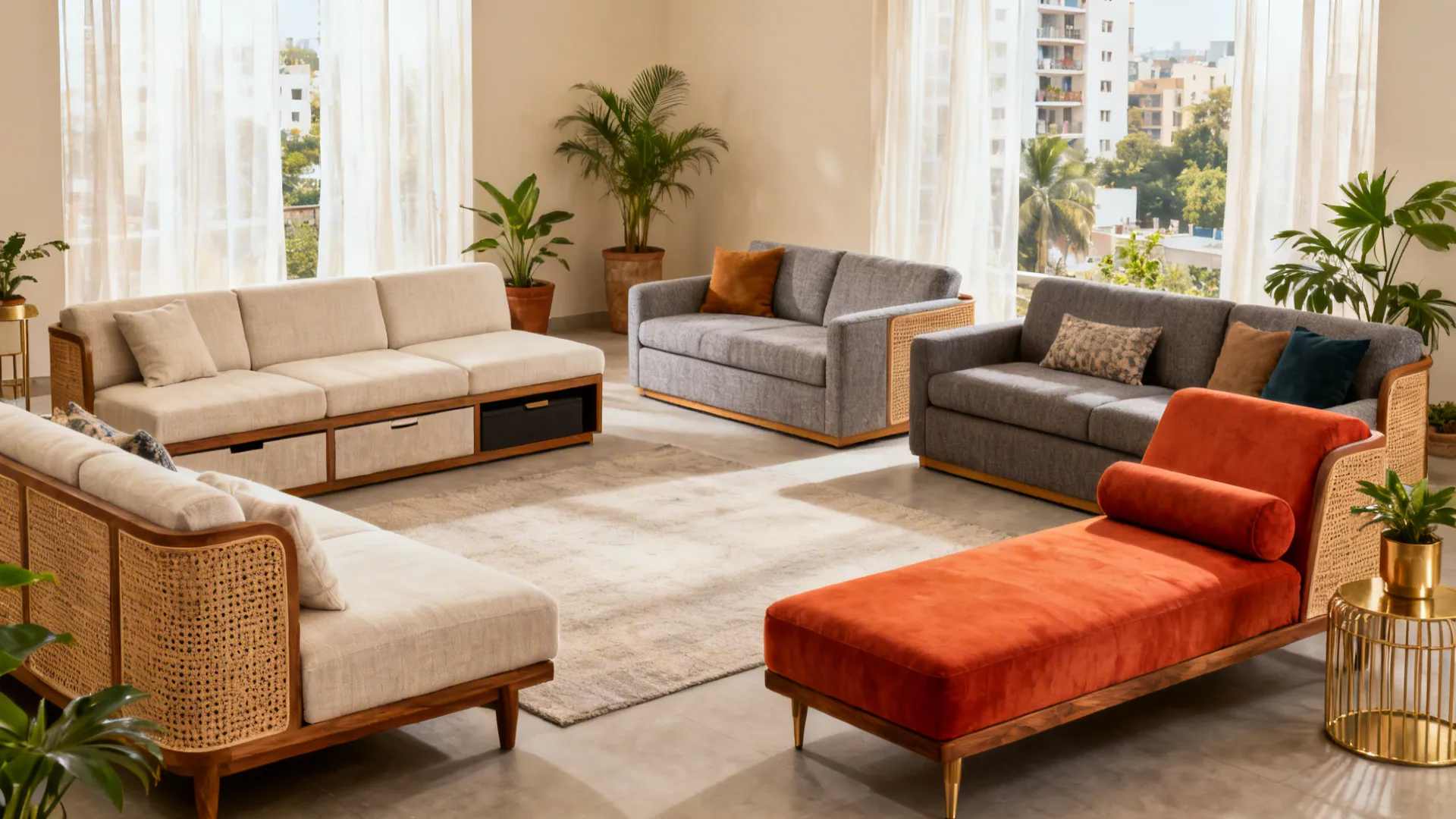 Editorial collage of five L-shaped sofa directions in a bright Indian living room setting.