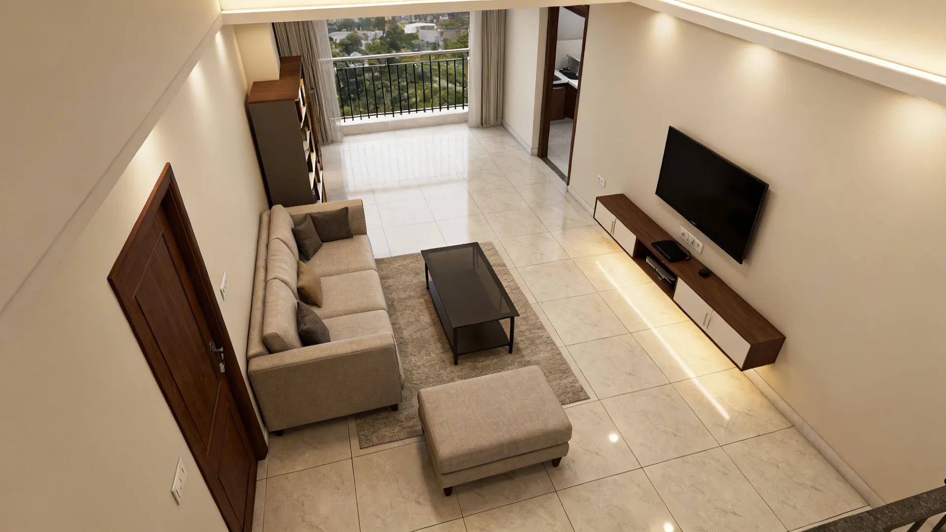 Top-down view of L-shaped sofa layout with clear walkway between entry, TV, and balcony.