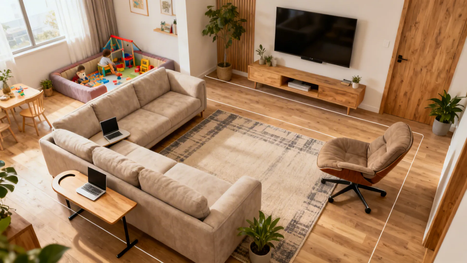 Top-down view of zoned small living room with L-shaped sofa, TV, play corner, and laptop nook.