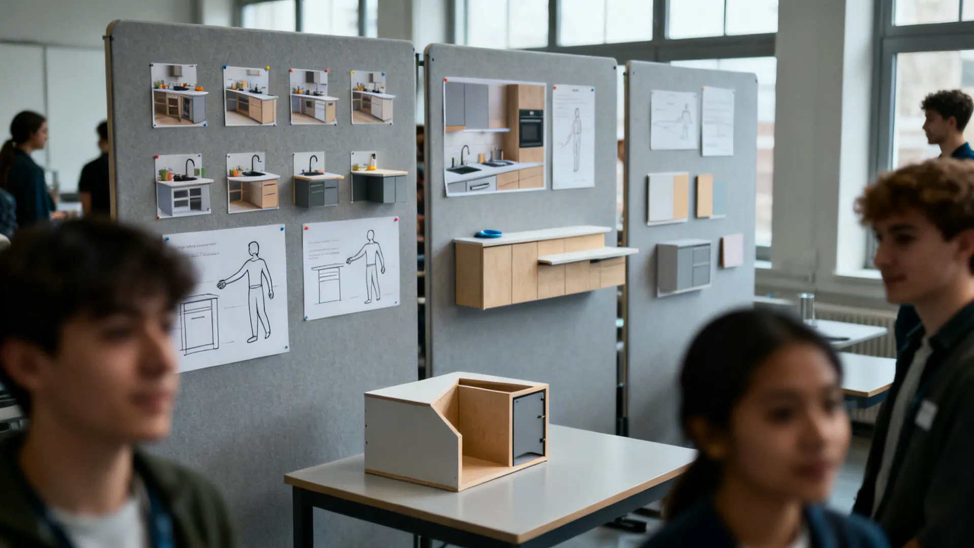 Design studio open house with small-kitchen boards and a corner cabinet prototype on a table.