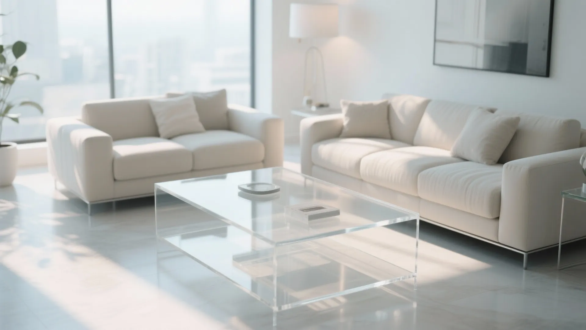 Bright minimalist living room with clear coffee table white sofas and large city view windows