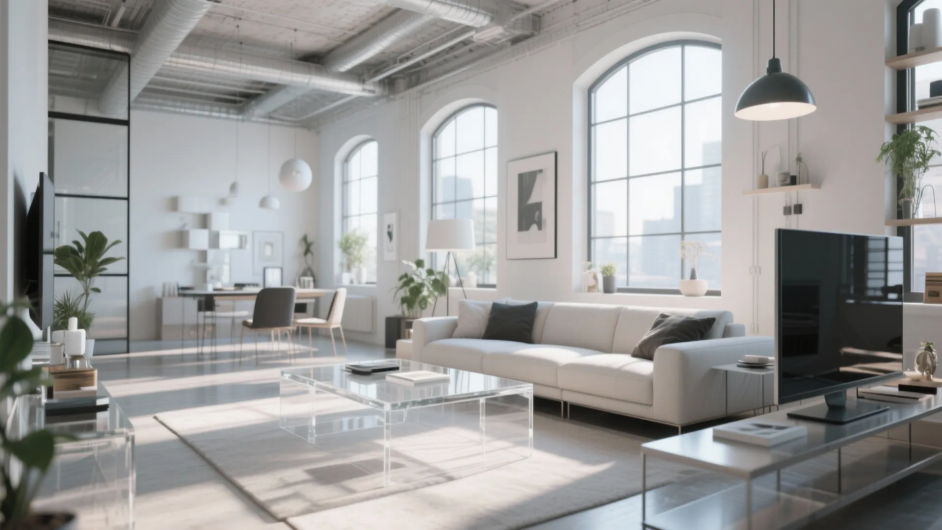 White industrial living room with arched windows white sofa clear coffee table and exposed pipes