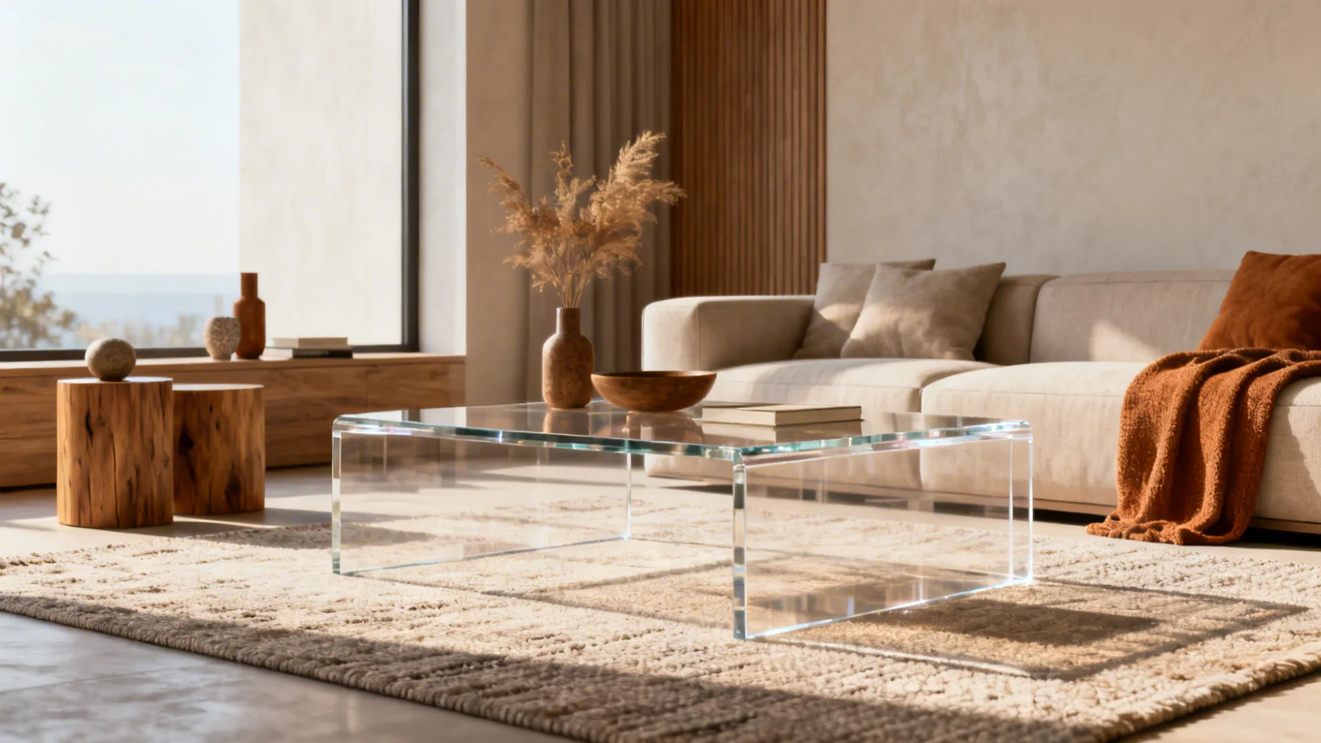 Modern clear glass coffee table on rug in sunny living room with sofa and wood stools