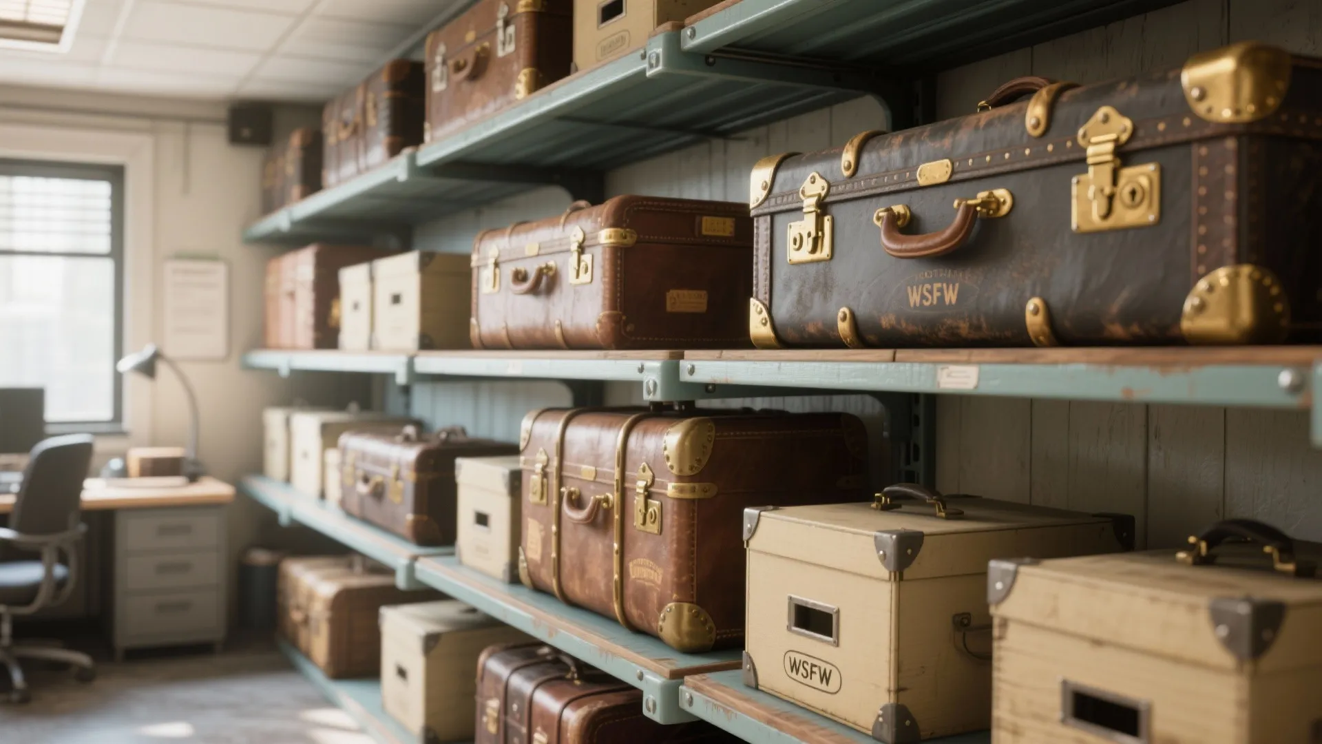 Vintage leather suitcases and storage boxes neatly arranged on industrial wall shelves in a home office