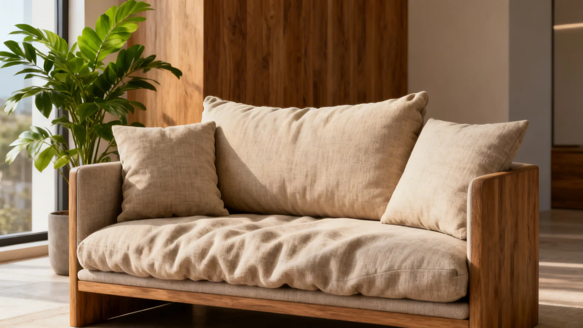 Couch with a wide lumbar pillow between two square pillows creating an elongated silhouette