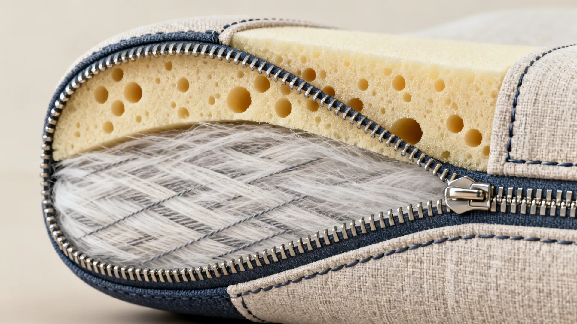 Macro detail of high-density foam and engineered fiber used for durable lumbar support.