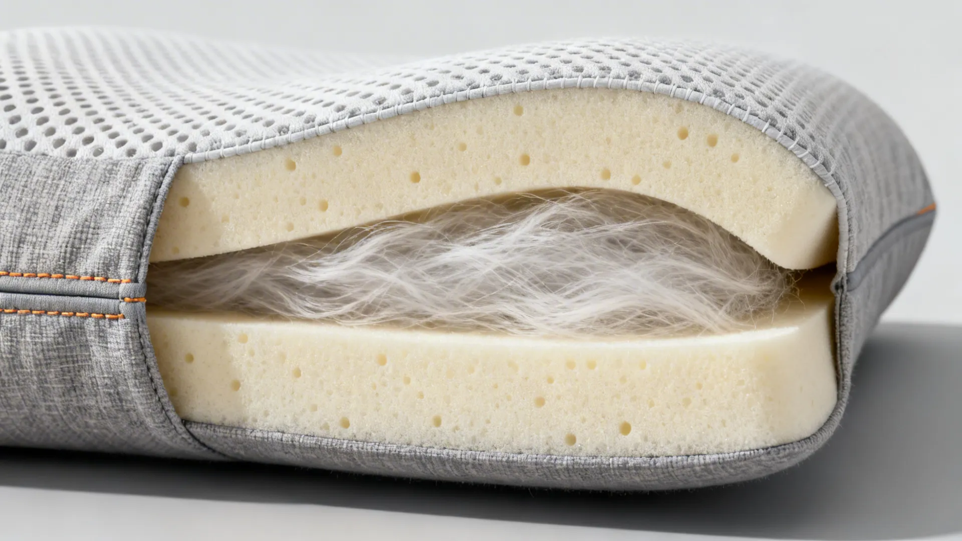 Macro detail of a memory-foam lumbar pillow with breathable washable cover and visible stitching