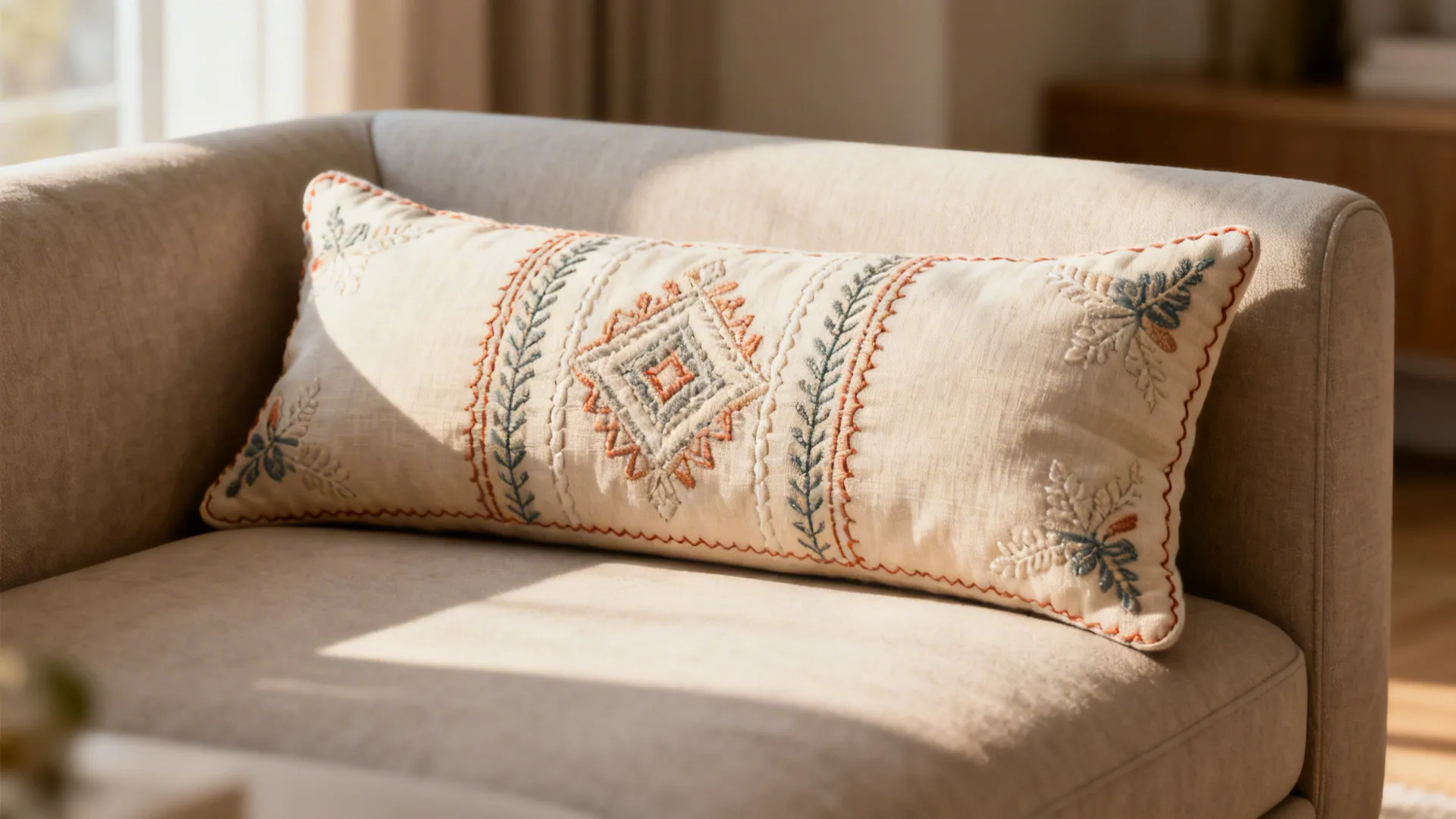 Long embroidered lumbar pillow on a compact sofa adding visual width and support.